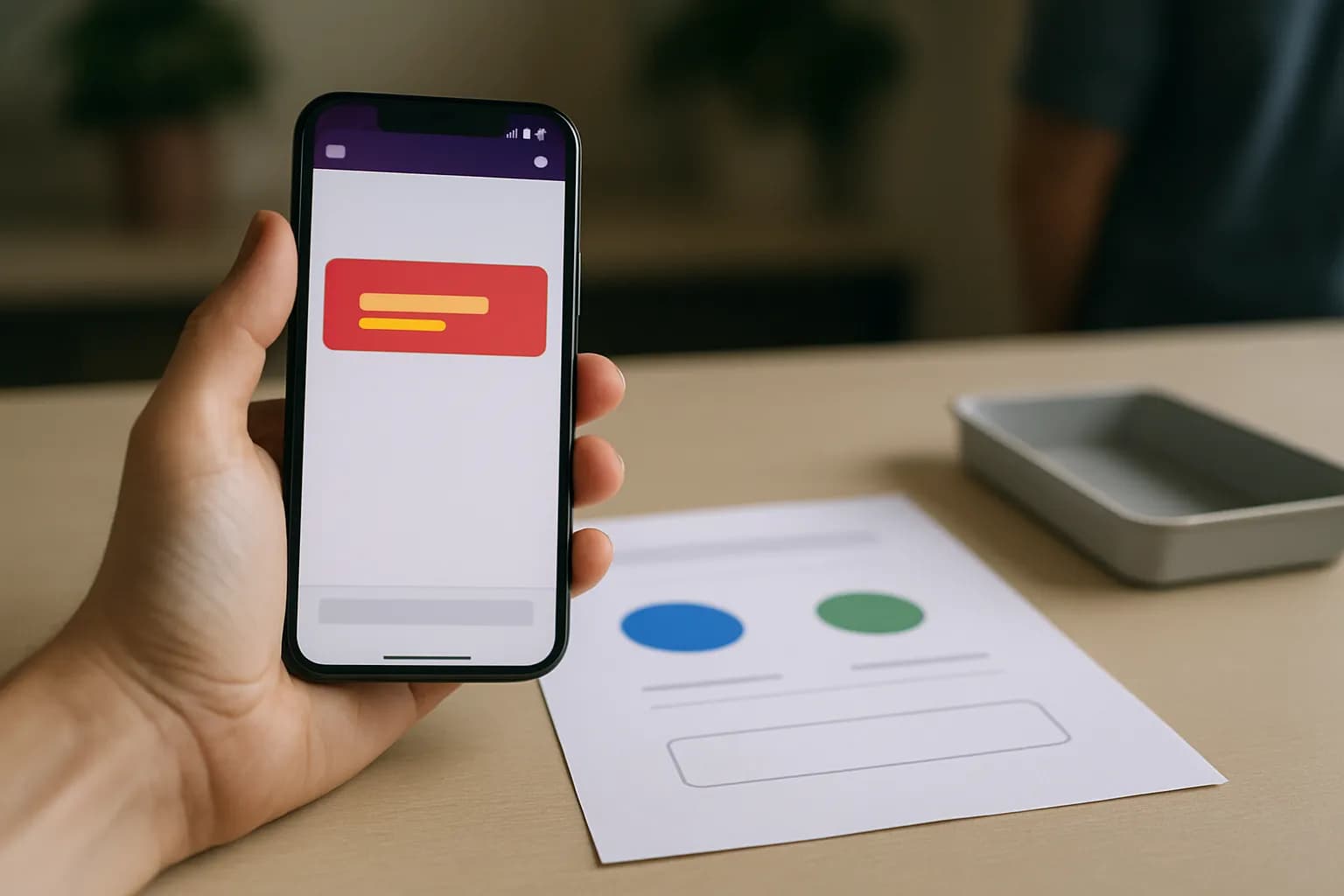 Hand holding a phone beside a paper form on an office counter