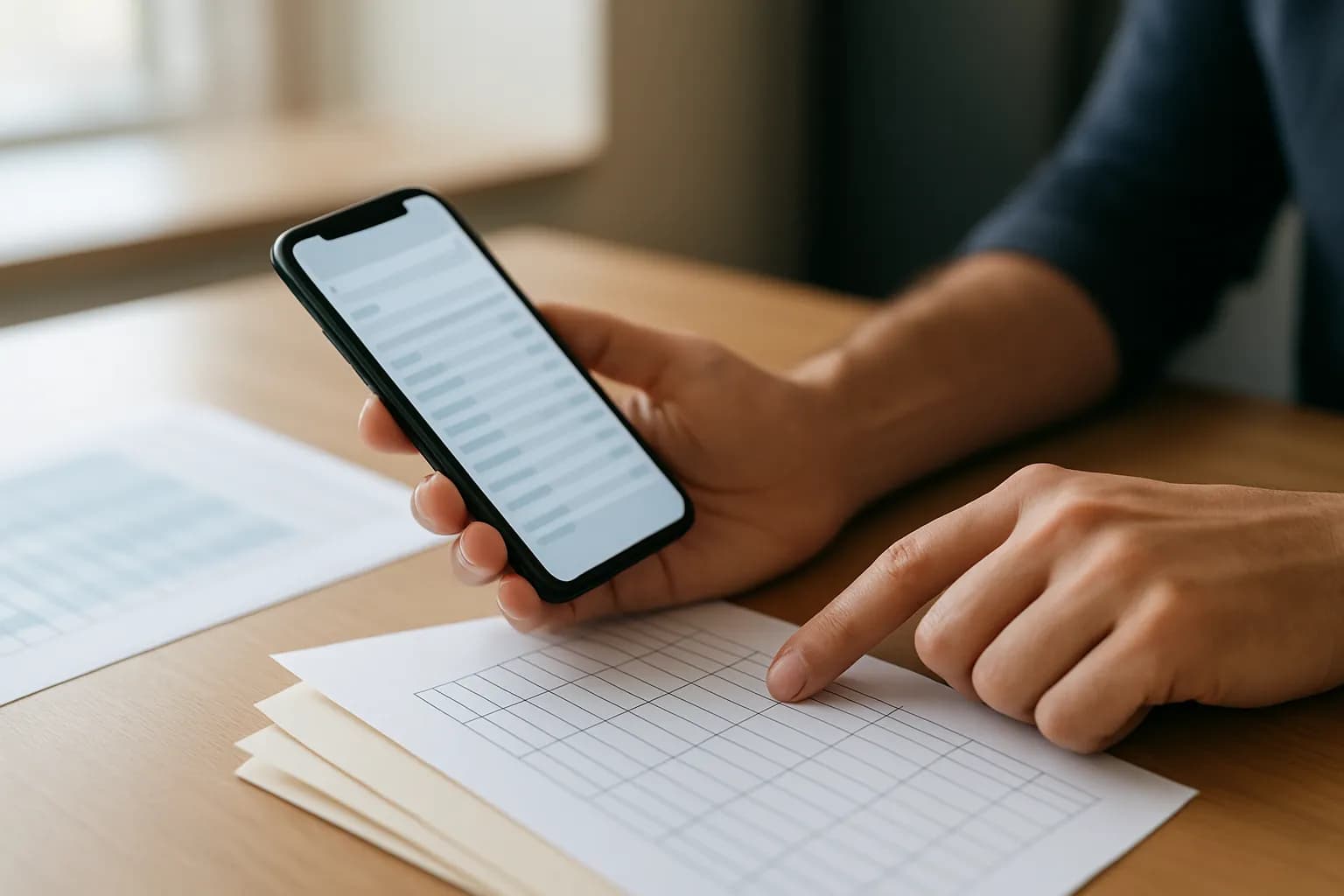 Hand checks a printed contact grid beside a phone and envelopes.