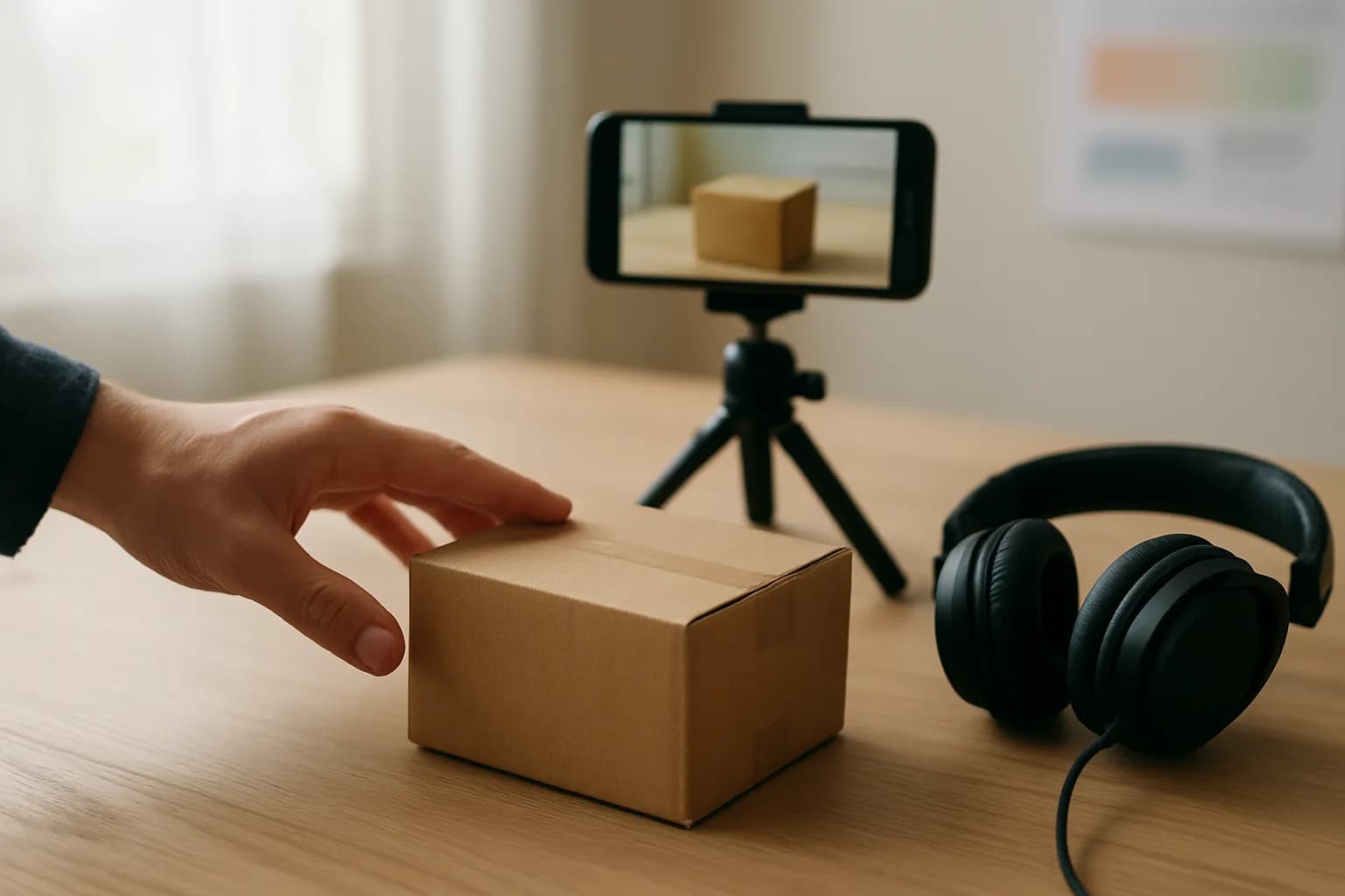 Hand and parcel beside a tripod phone and headphones on a worktable.