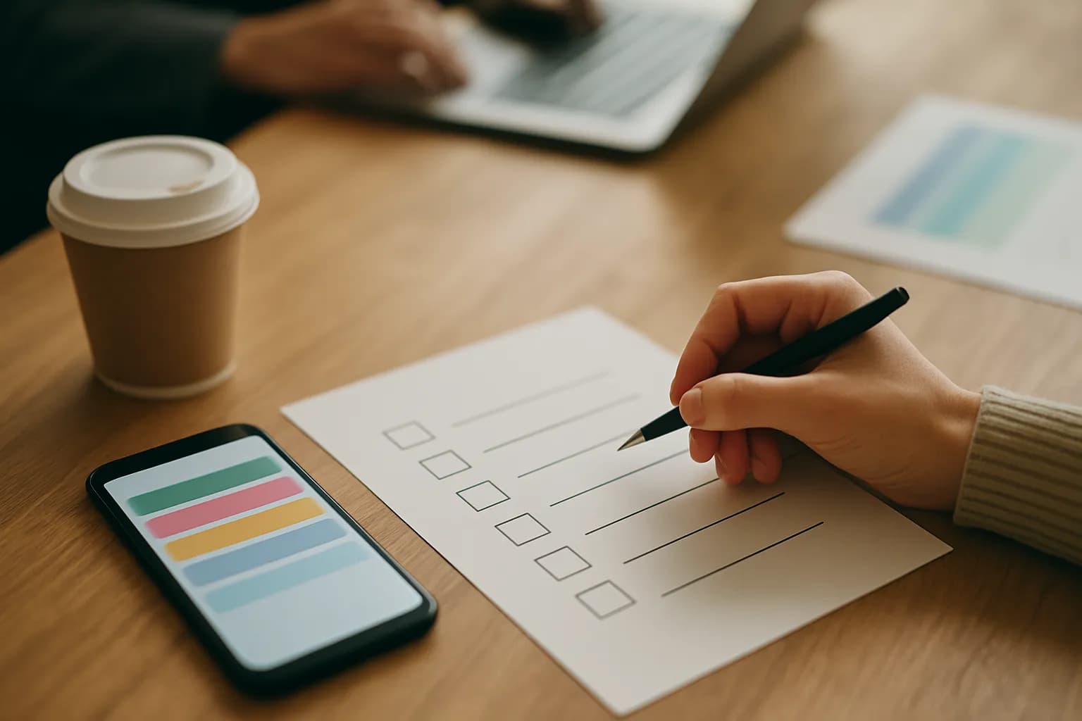 Hand checks a weekly paper checklist beside a phone on a meeting table