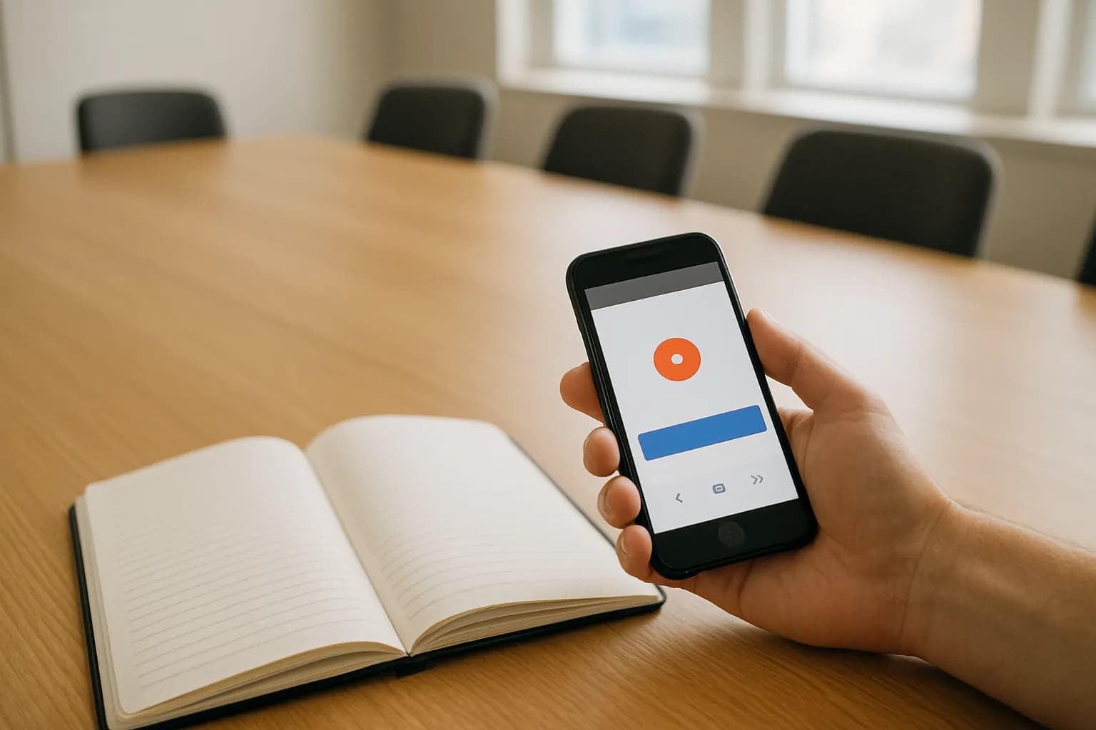 Hand holding a phone beside a notebook in an empty meeting room