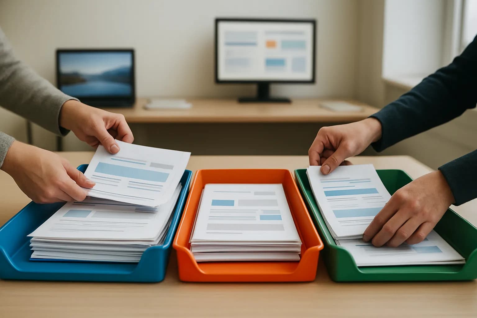 Hands sort customer correspondence into separate trays on an office table.