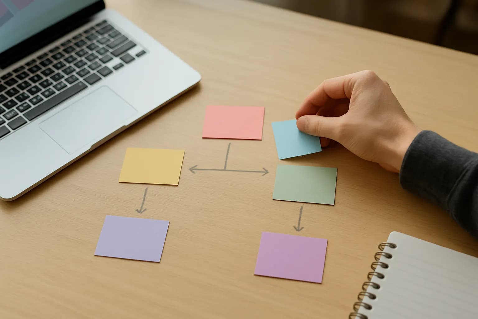 Hand arranging blank coloured cards into branching paths on an office table