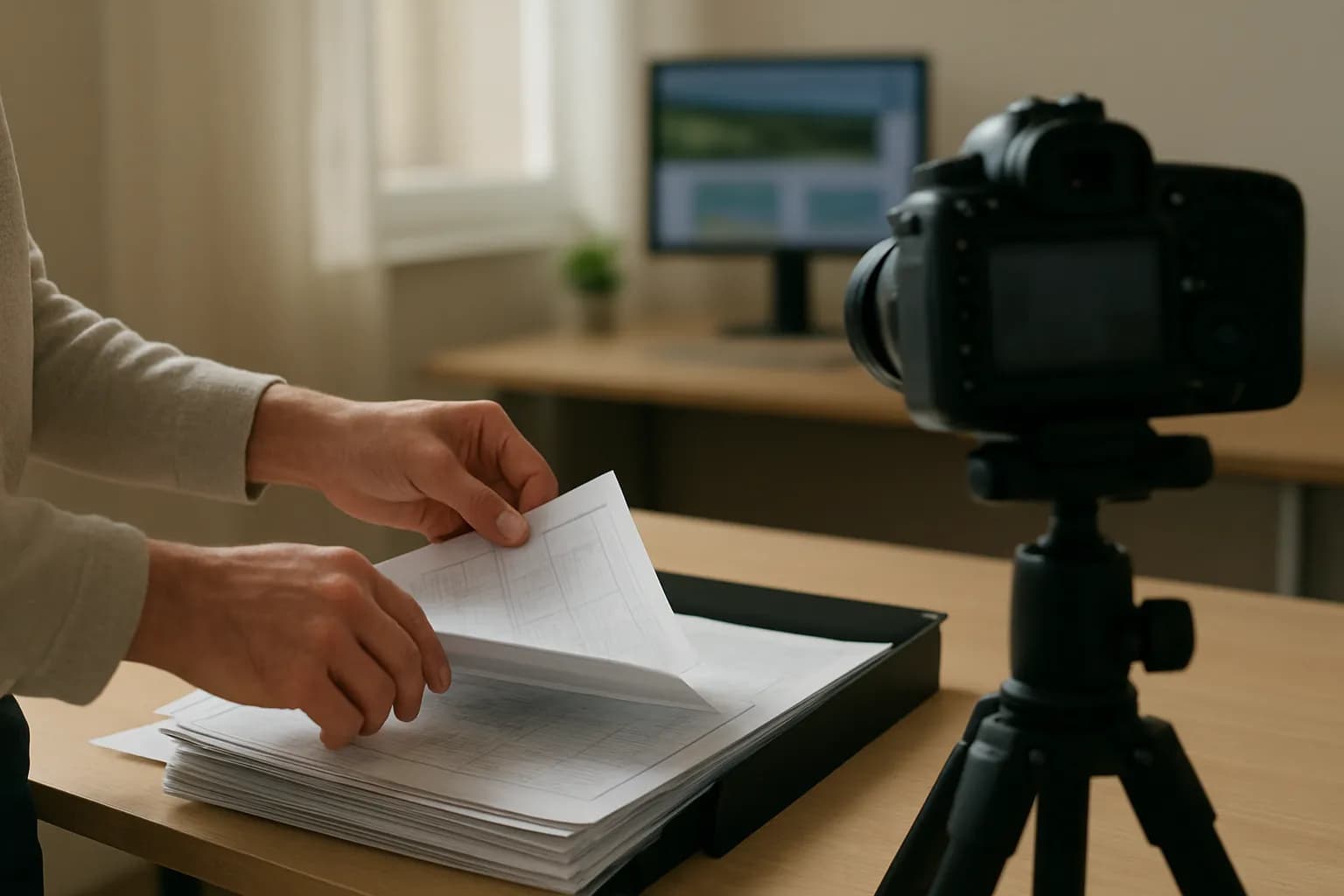Hands sorting paper forms beside a tray and tripod-mounted camera.