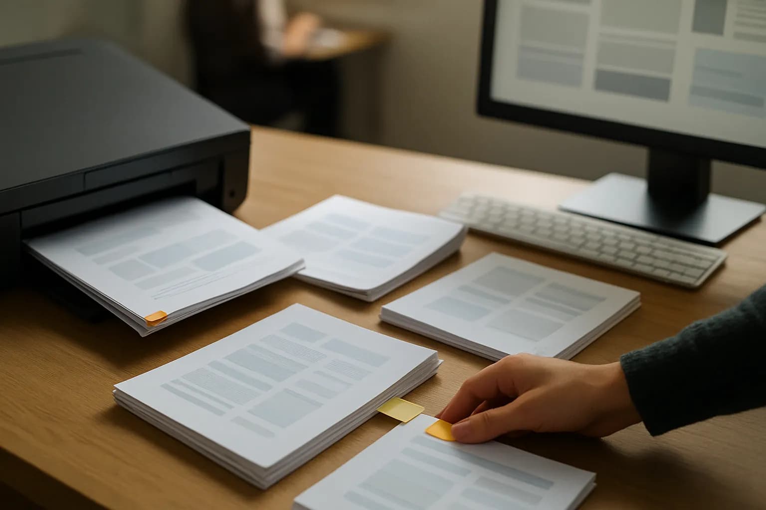 A hand sorts printed statements into tabbed stacks beside an office scanner.