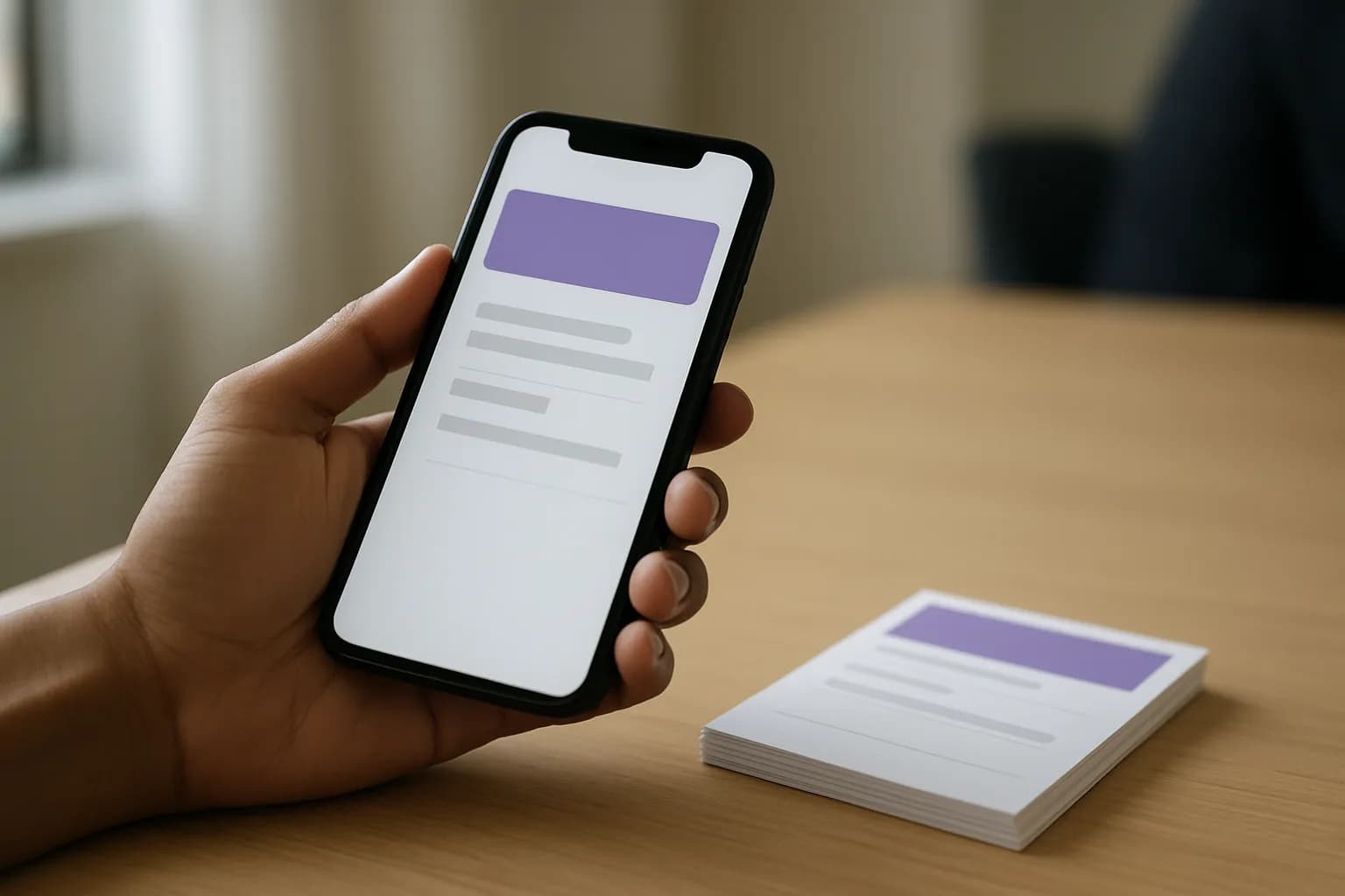 Hand holding a phone beside registration cards on a meeting room table