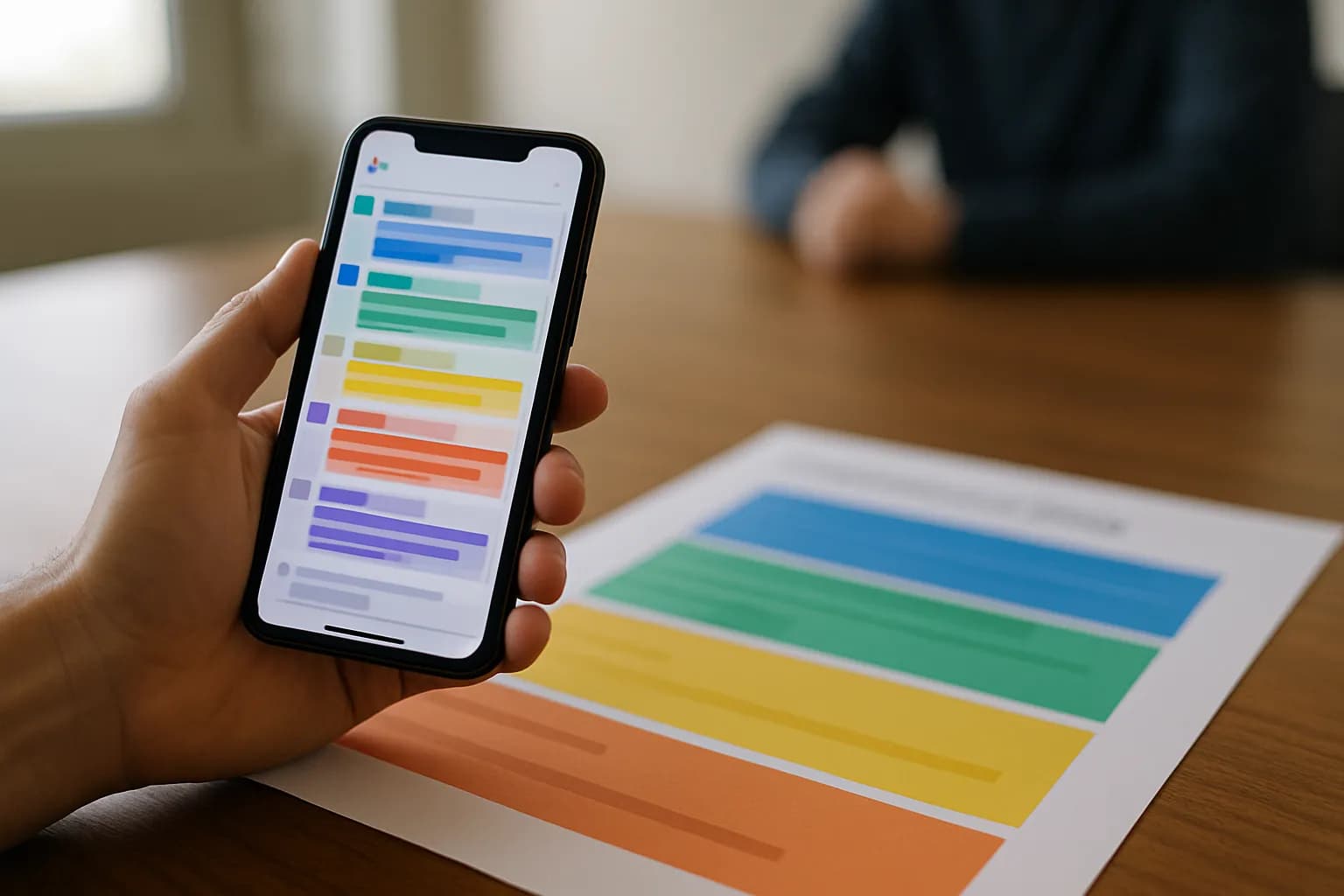 Hand holding a phone beside a paper decision log in a meeting room
