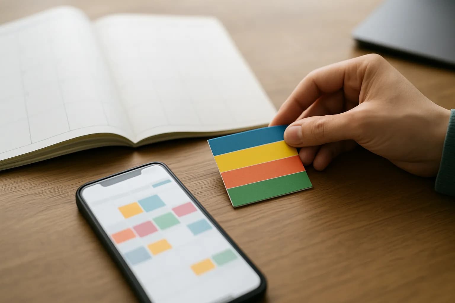 Hand moves a project card beside a paper calendar and phone.