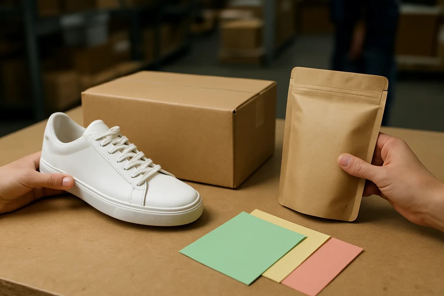 Hands sort different products and coloured slips beside a parcel on a packing table