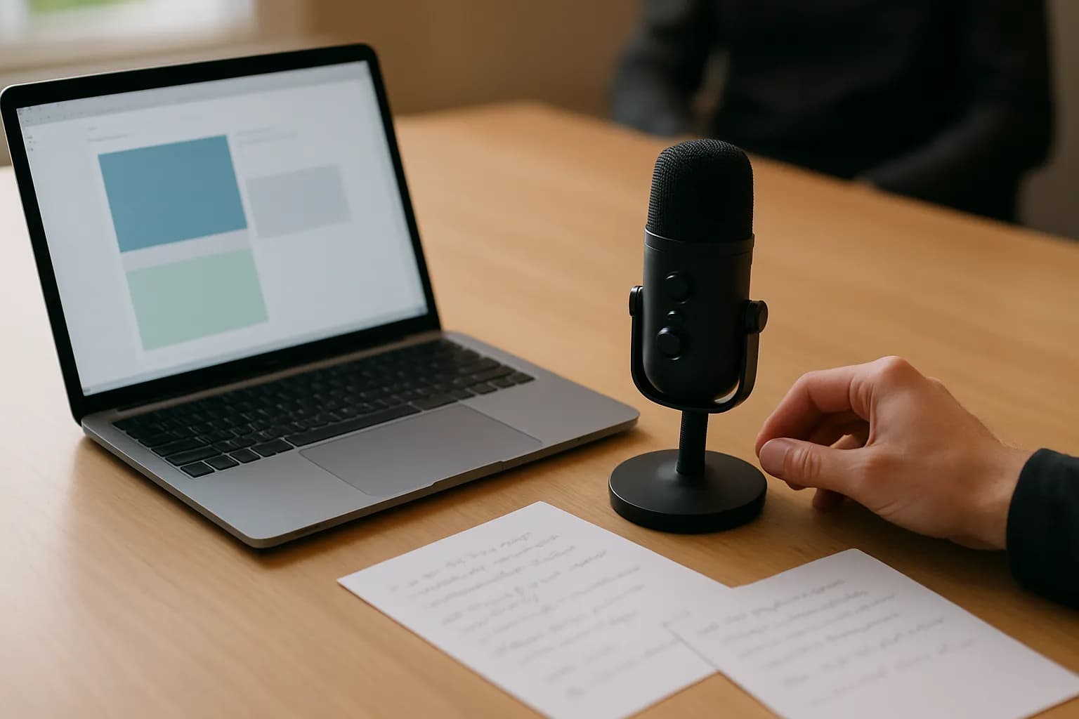 Mac and microphone beside meeting notes on a sunlit conference table