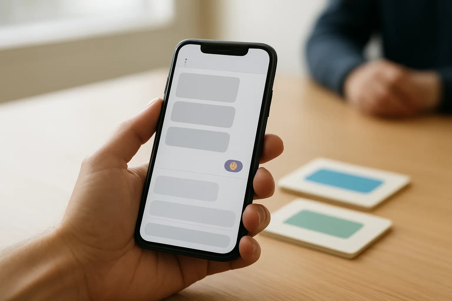 Hand holding a phone with a reacted-to message beside task cards