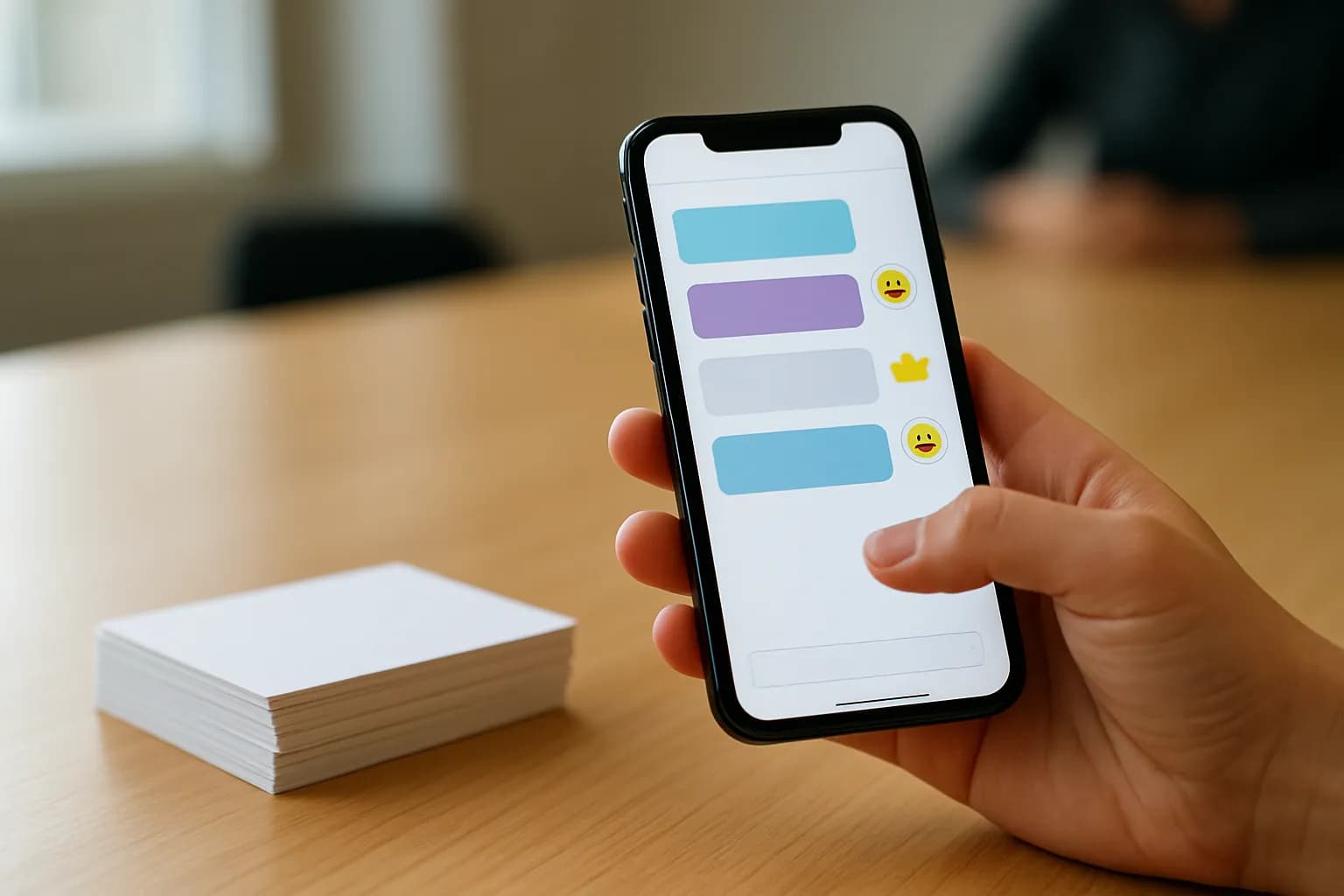Hand holding a phone beside task cards on a meeting-room table
