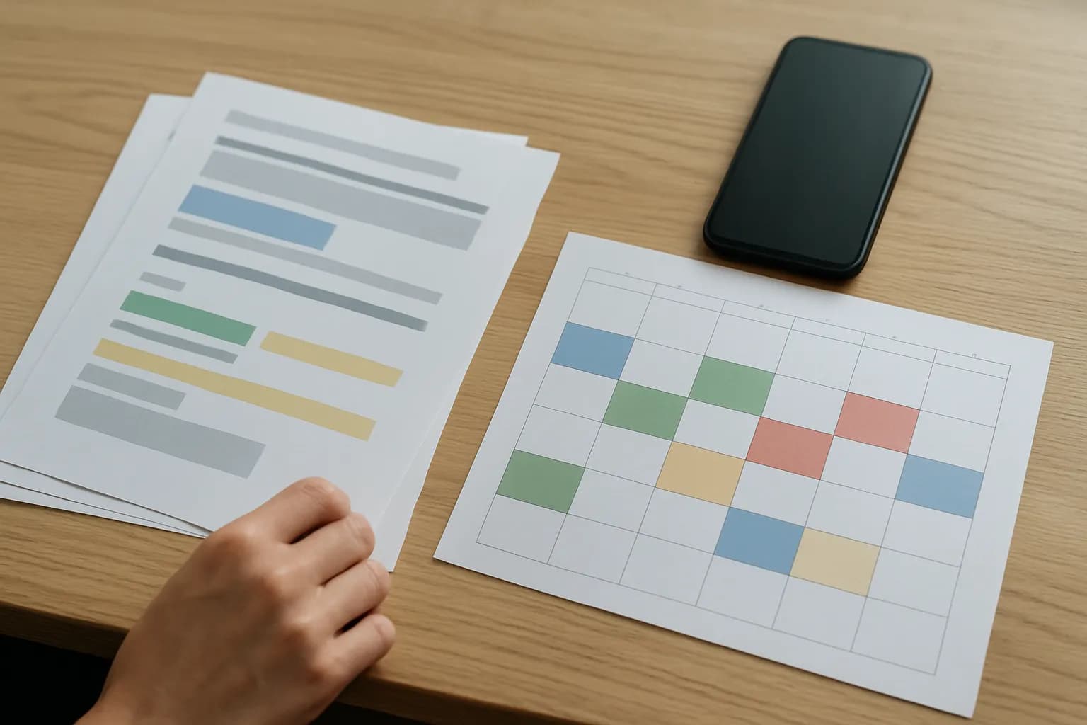 Hand sorting meeting notes beside a paper calendar and dark phone