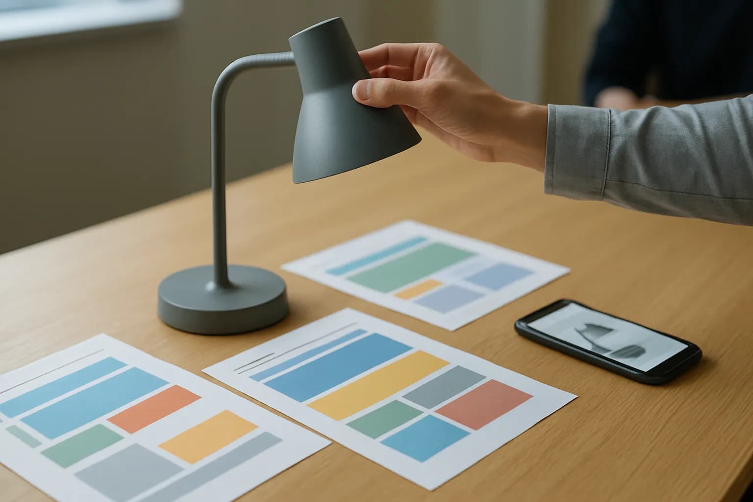 Hand sorting printed product and policy pages beside a desk lamp