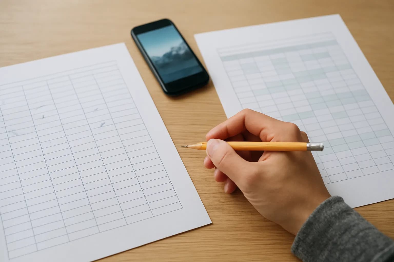 Sign-in sheet, phone and spreadsheet printout on a meeting-room table