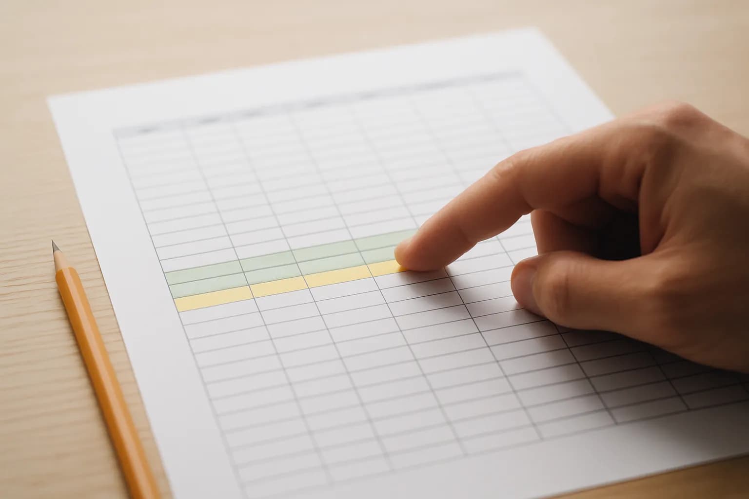 Hand points to highlighted rows on a printed spreadsheet grid