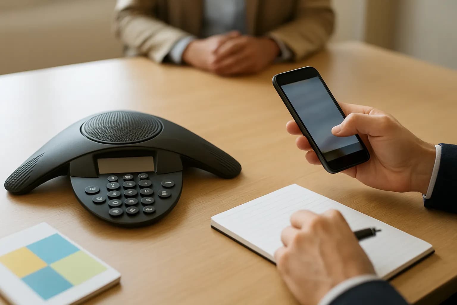 Hand holds a phone beside a conference speakerphone and meeting notepad.