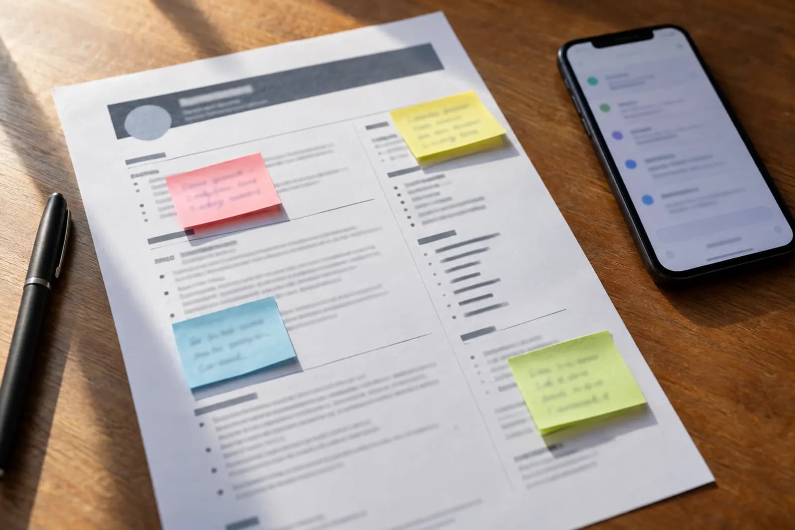A printed CV with sticky-note edits beside a phone showing AI suggestions