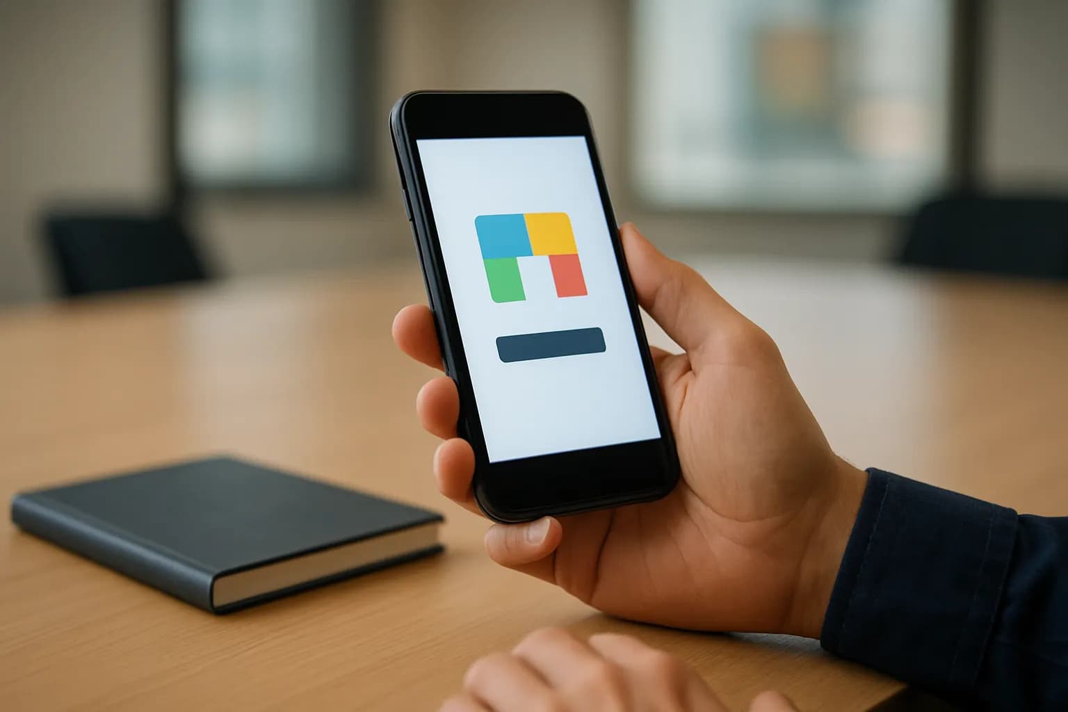 Hand holding a phone with a notification in an office meeting room