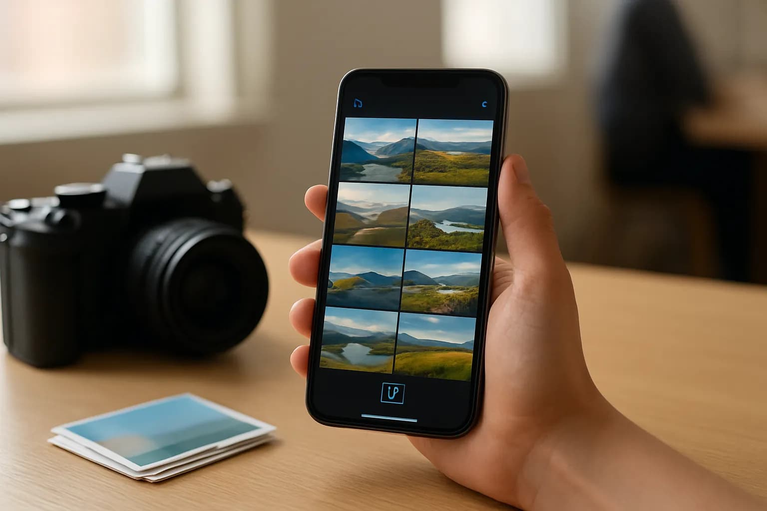 Hand holding a phone beside a camera and face-down photo prints