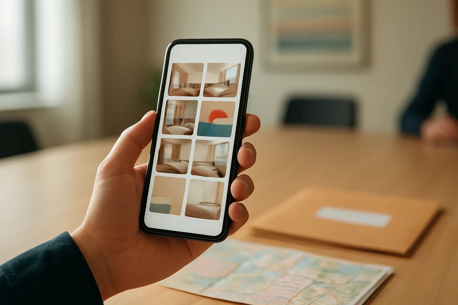 Hand holding a phone with room photos beside a map and travel folder