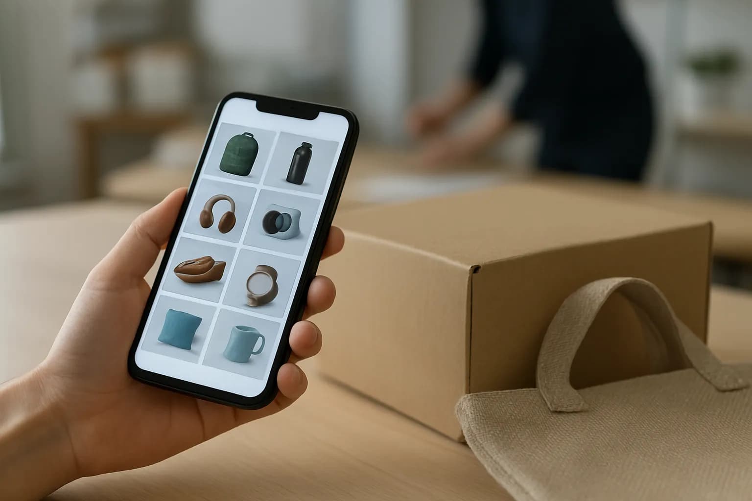 Hand comparing product photos on a phone beside a parcel and sample