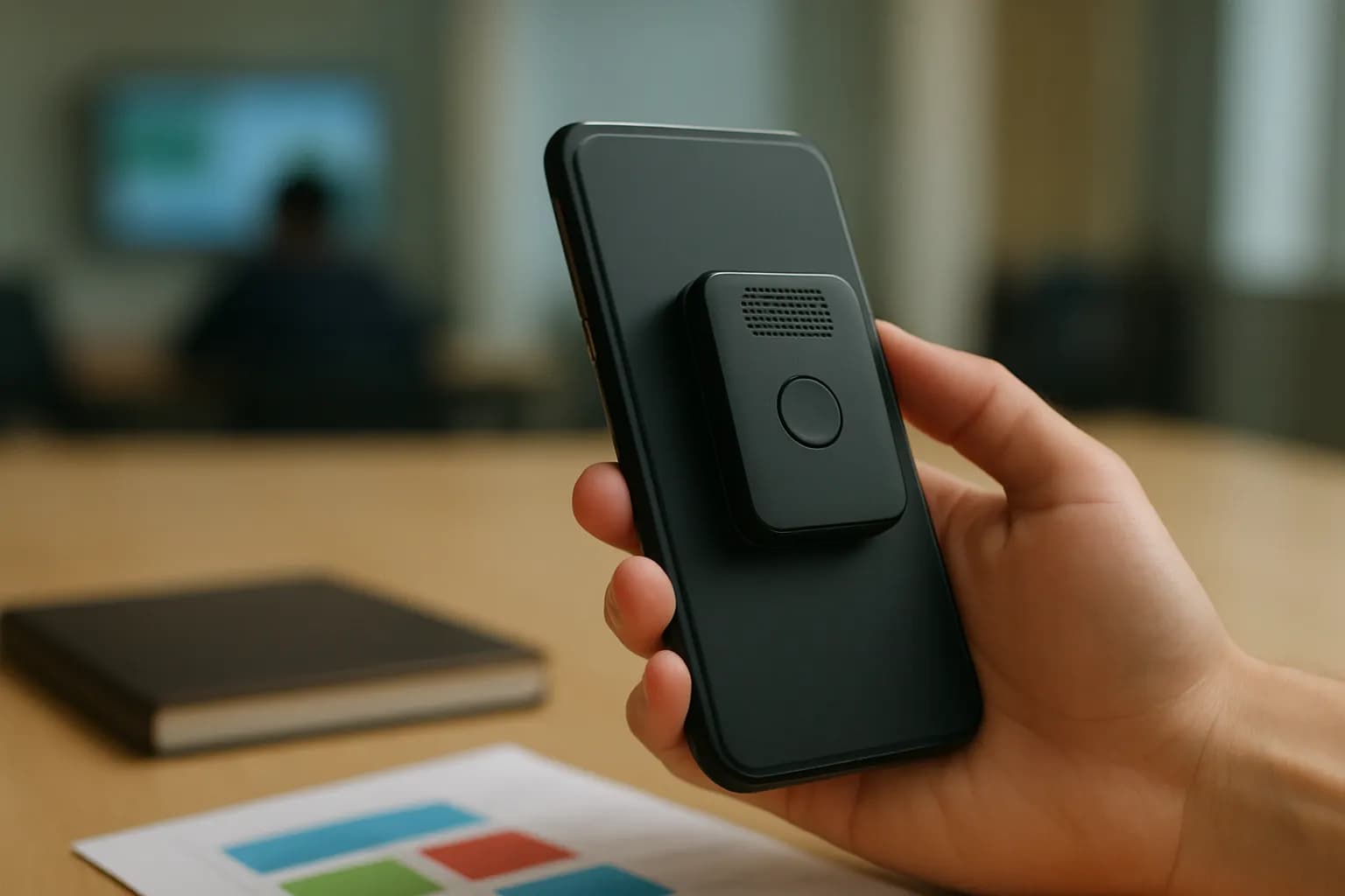 Hand holding a phone with a recorder attached beside meeting papers