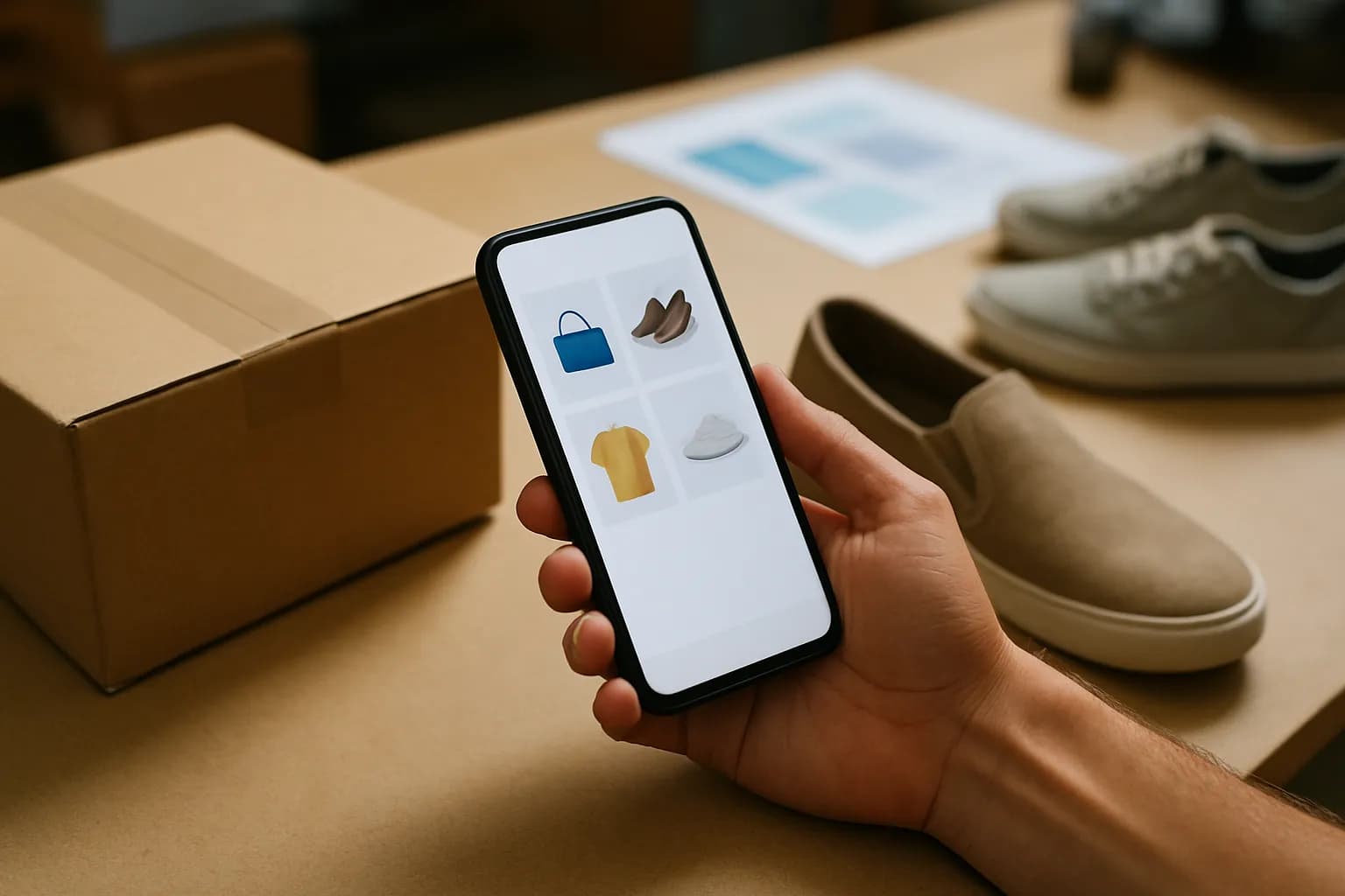 Hand holding a phone beside shoes and a parcel on a packing table
