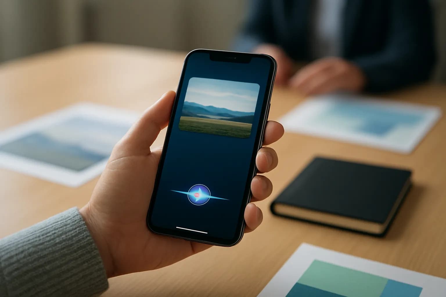 Hand holding an iPhone over meeting notes and printed landscape photos
