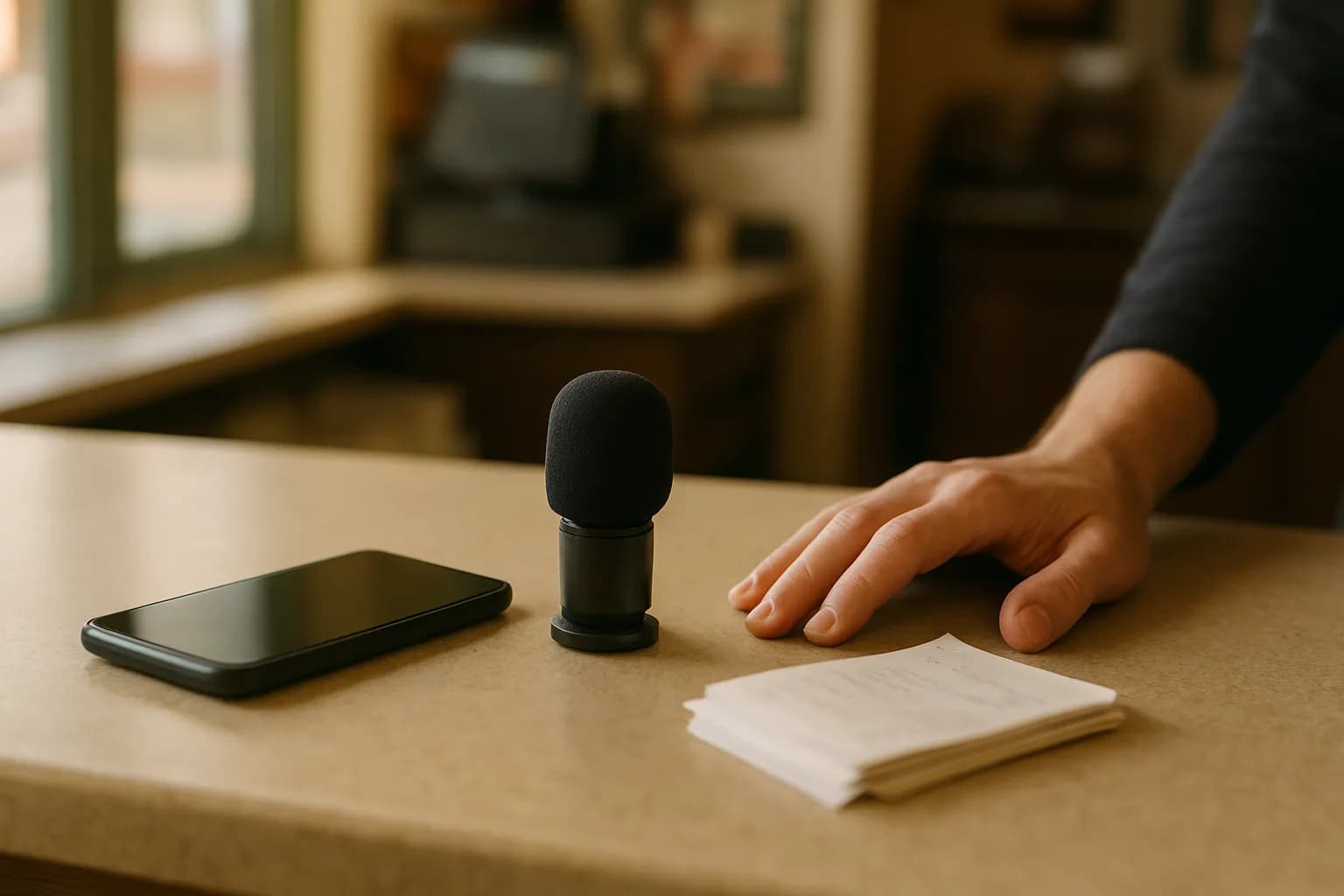 Hand beside phone, microphone and order slips on a shop counter