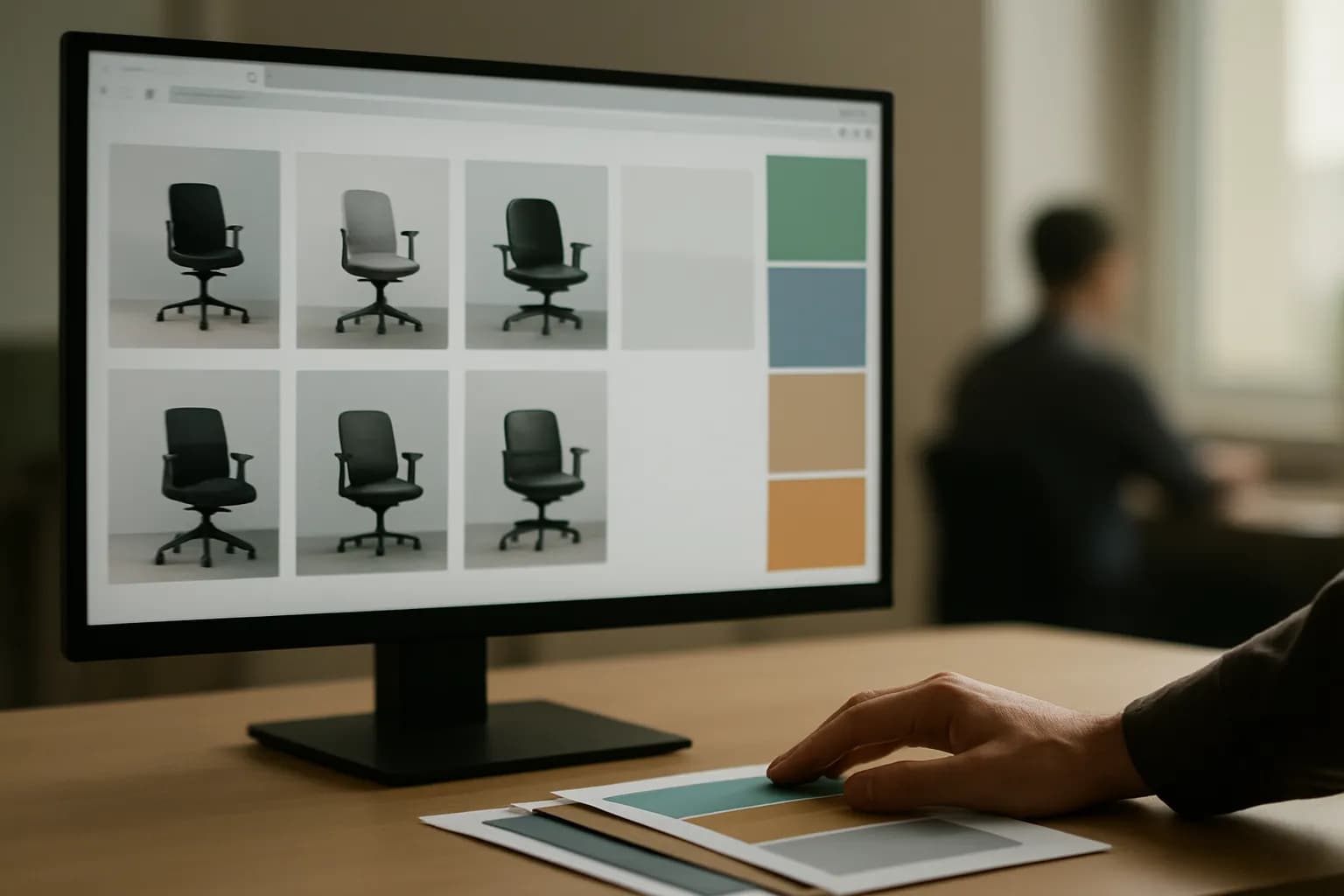 Chrome tabs showing office chairs beside a ChatGPT sidebar in an office