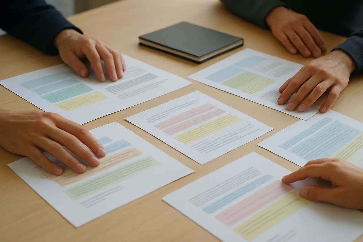 Hands sorting marked conversation sheets on a meeting table in daylight