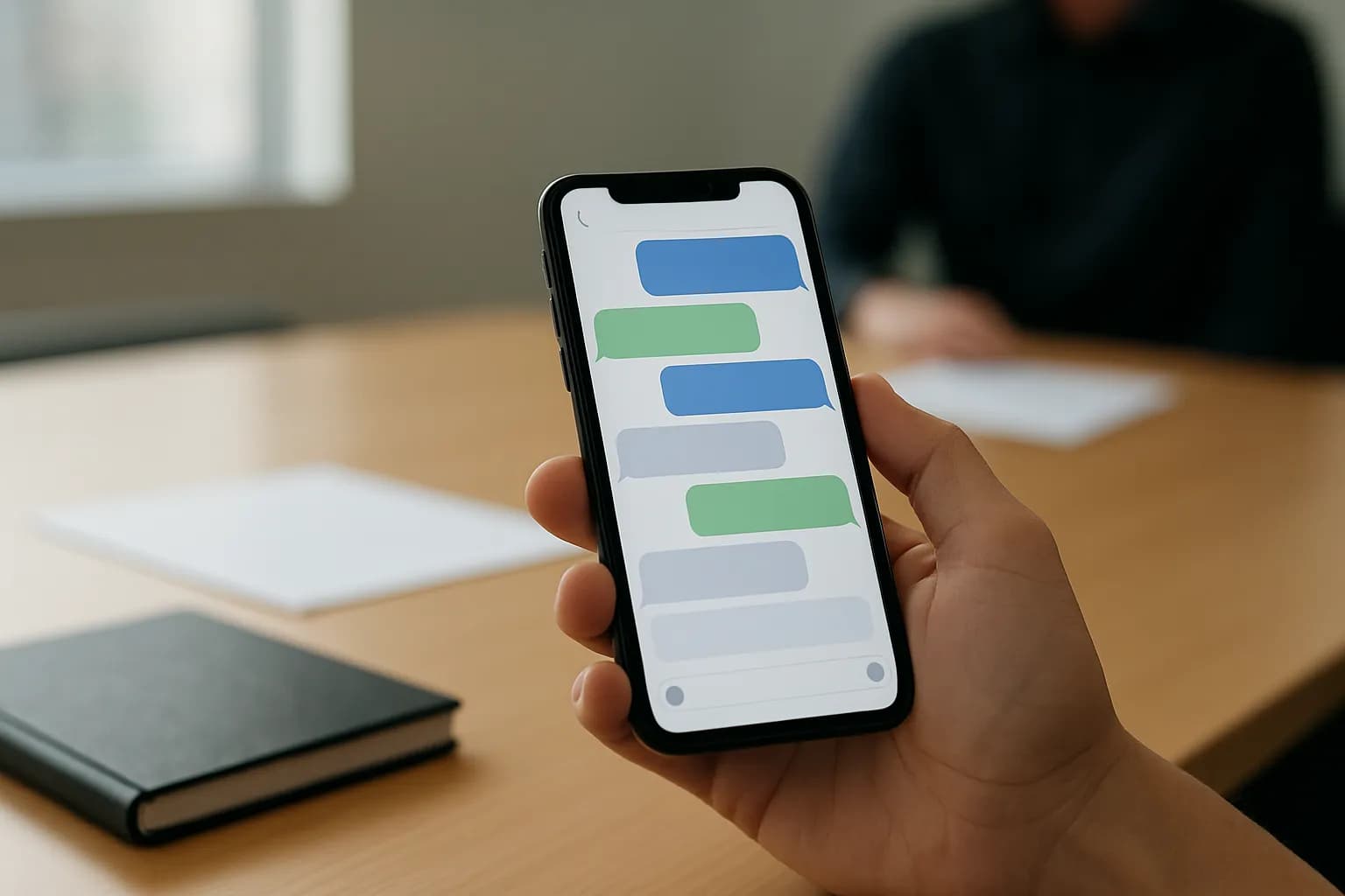 Hand holding a phone beside meeting papers in soft daylight