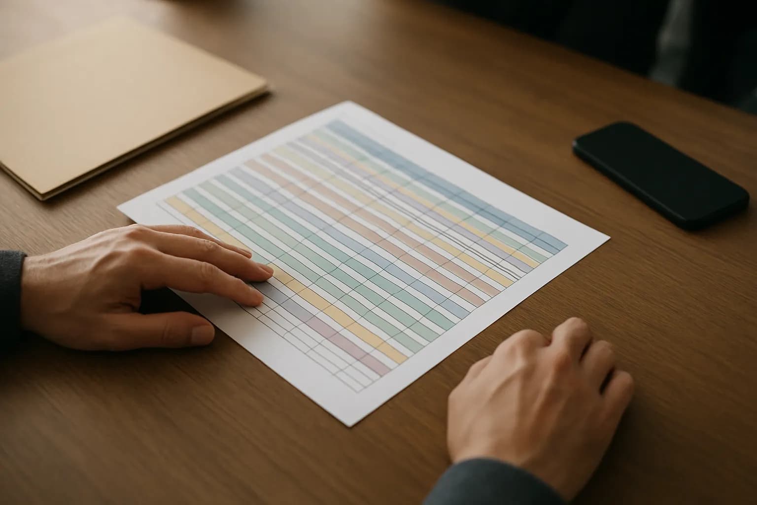 Hands review printed access records on a daylight-lit meeting room table