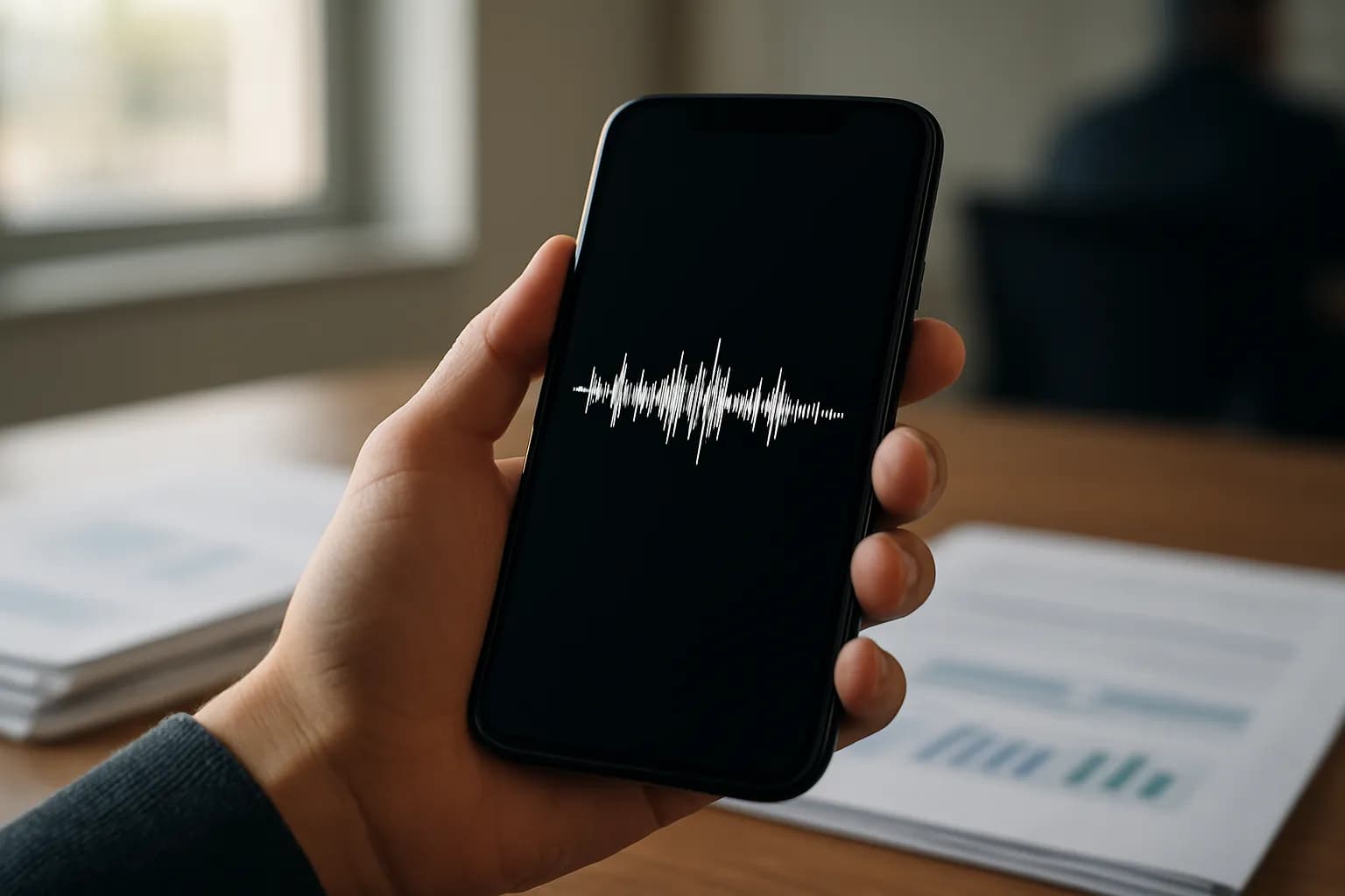 Hand holding a phone with an audio waveform beside office paperwork