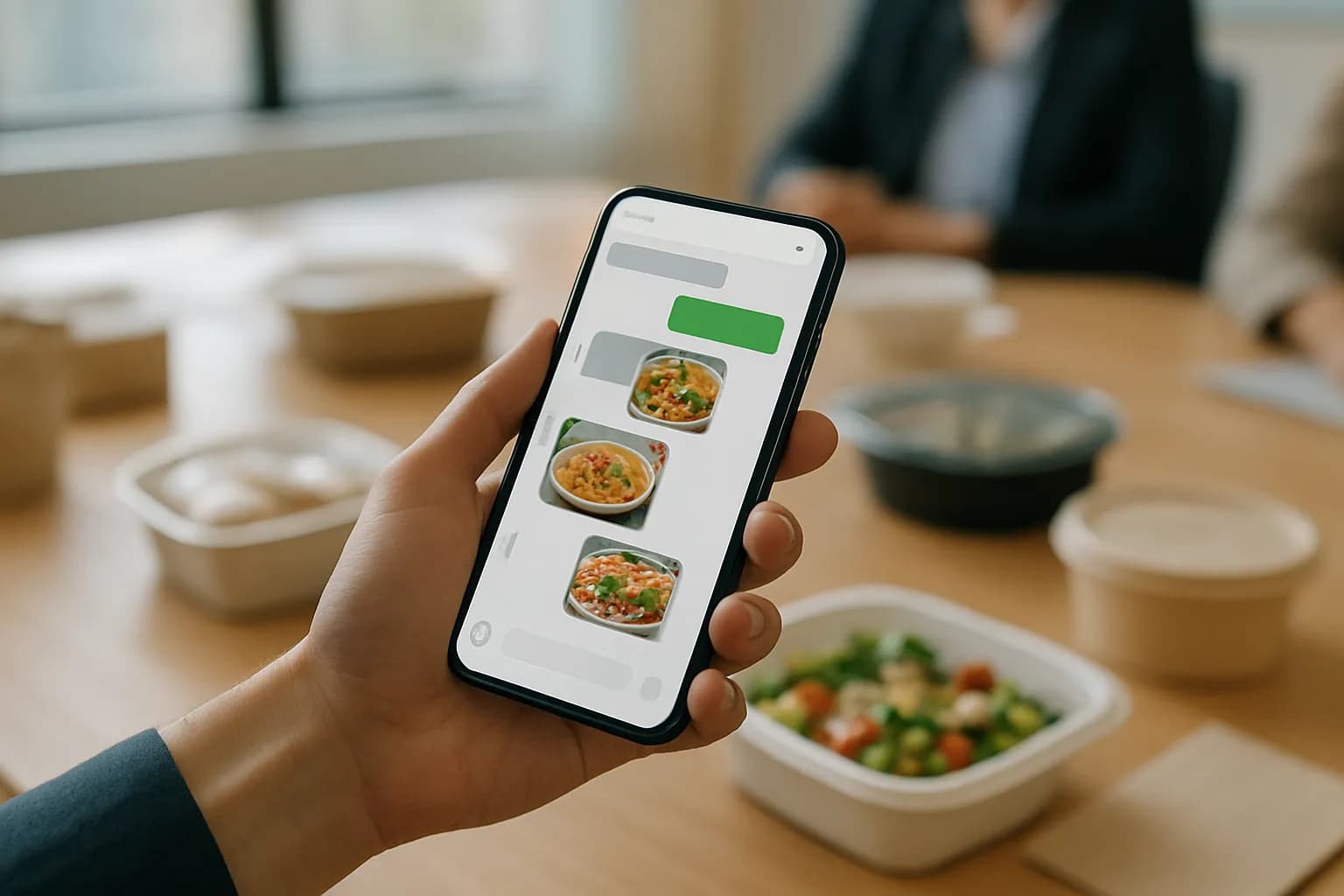 Hand holding a phone over a meeting table with group lunch containers