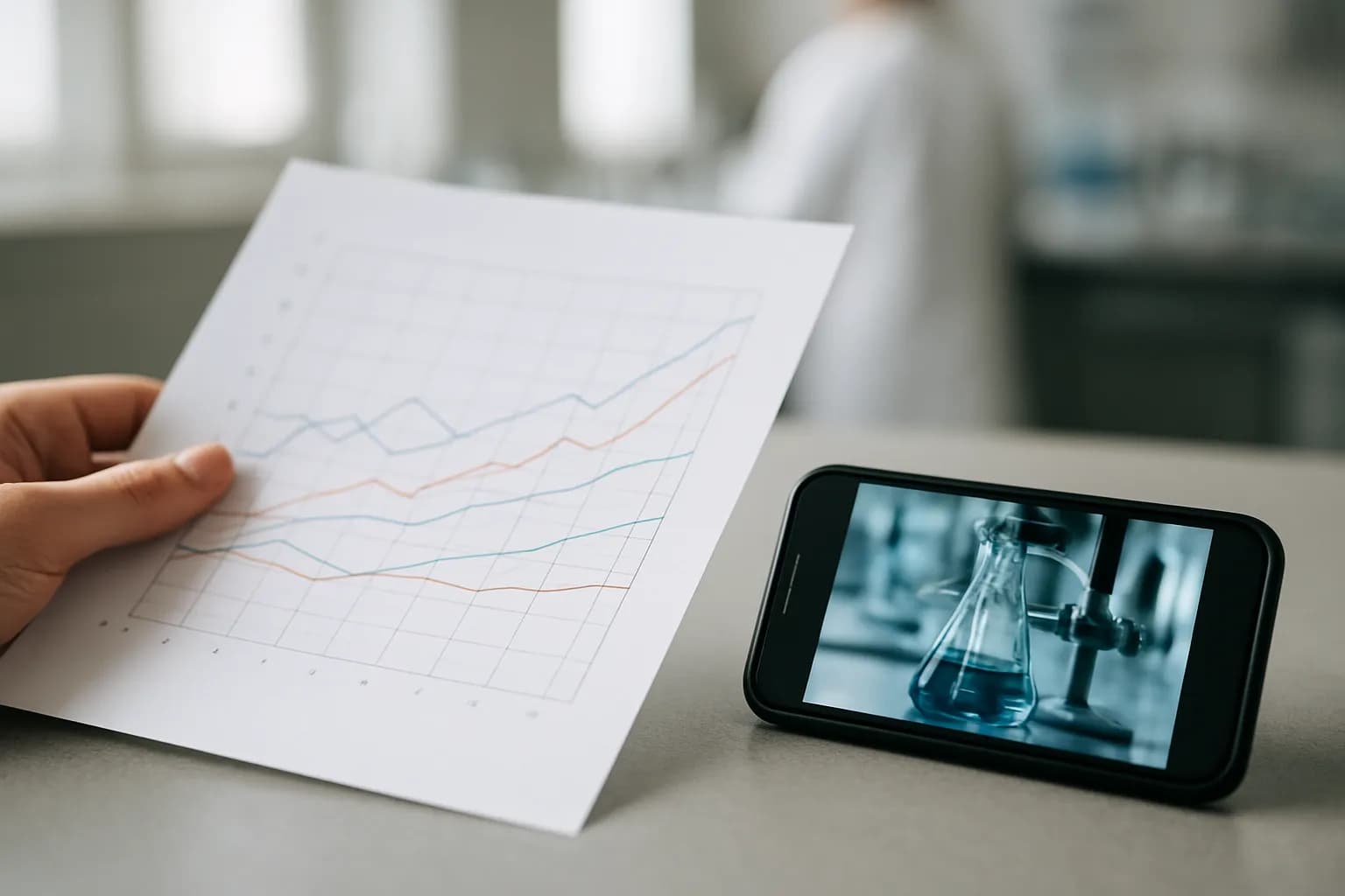 Hand compares a printed chart with equipment footage on a phone