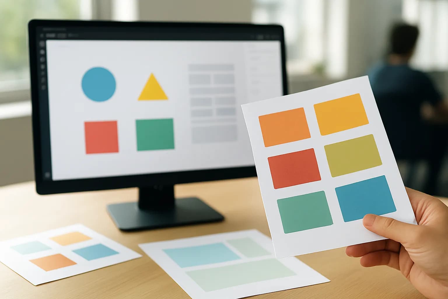 Hand holds colour swatches beside a screen of design shapes and guidance