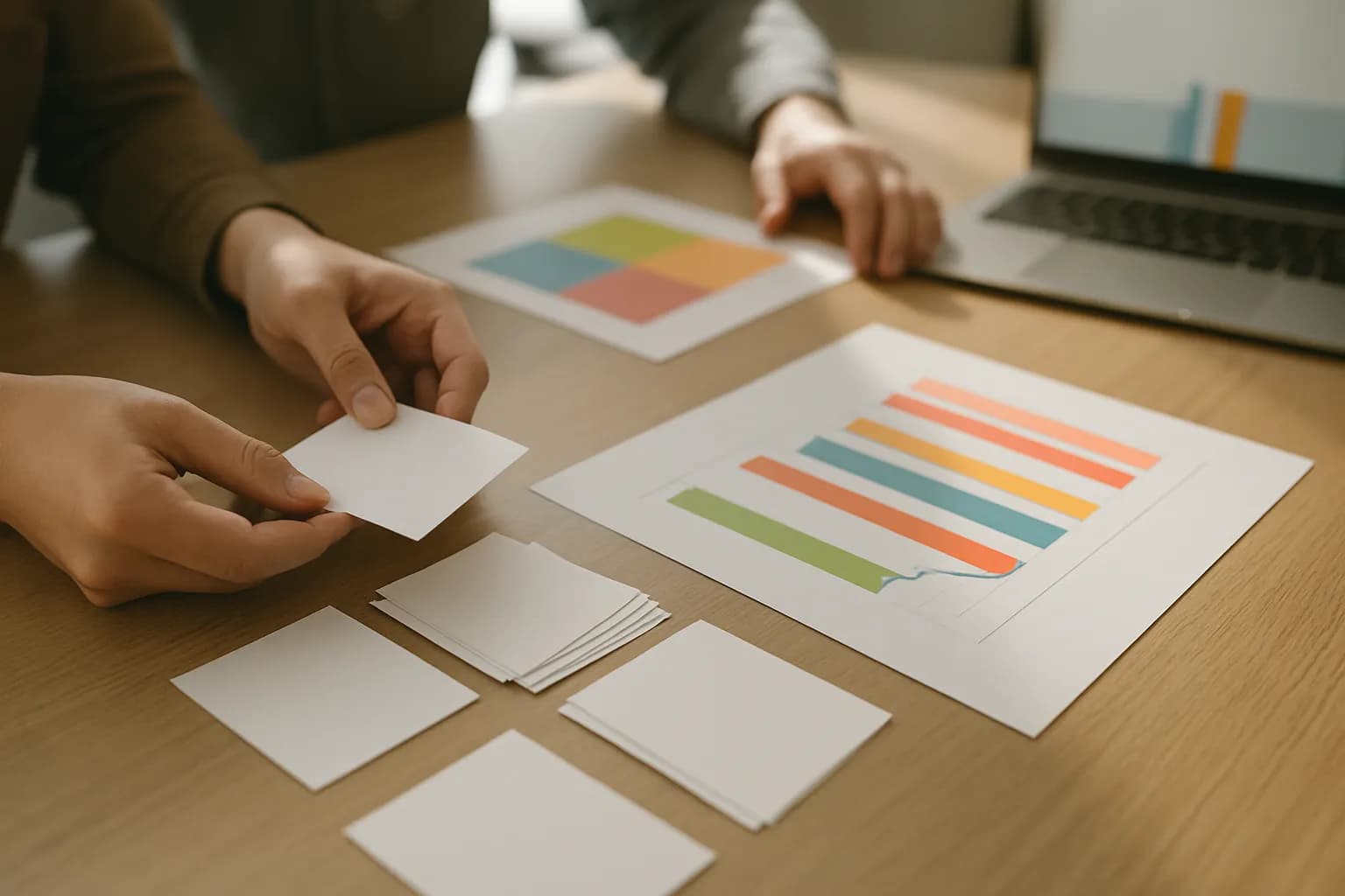 Hands sort prospect cards beside a chart on a meeting table