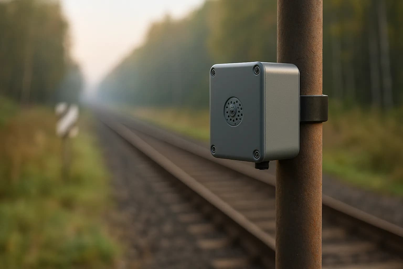 Pole-mounted wildlife deterrent device beside railway tracks near woodland