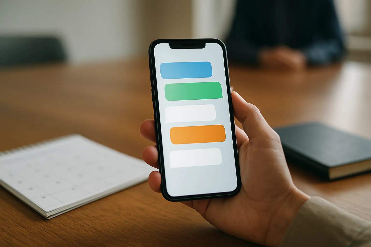 Hand holding a messaging phone above a meeting table and paper calendar