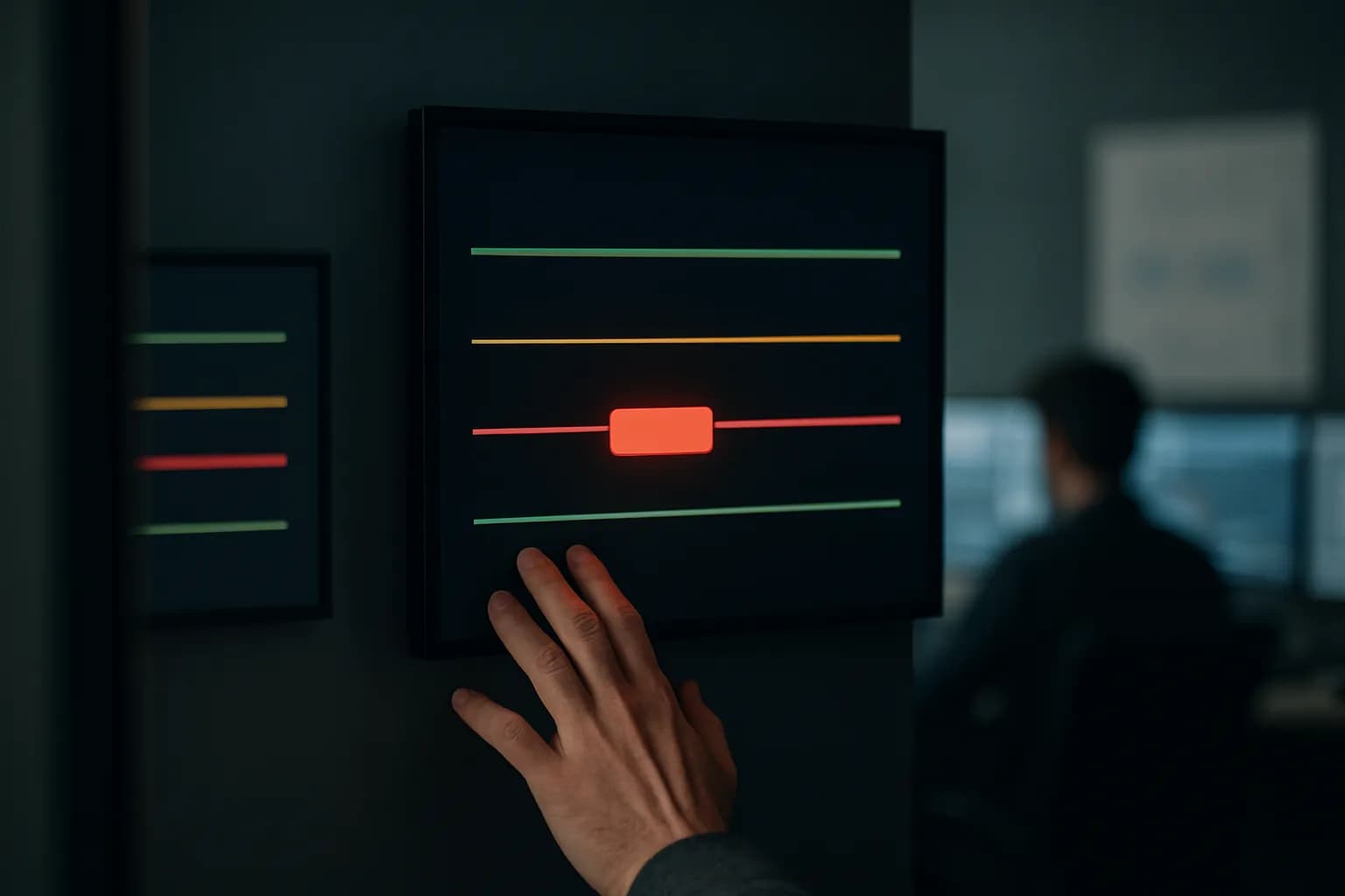 Hand beside an operations display with coloured signal lines and an alert block