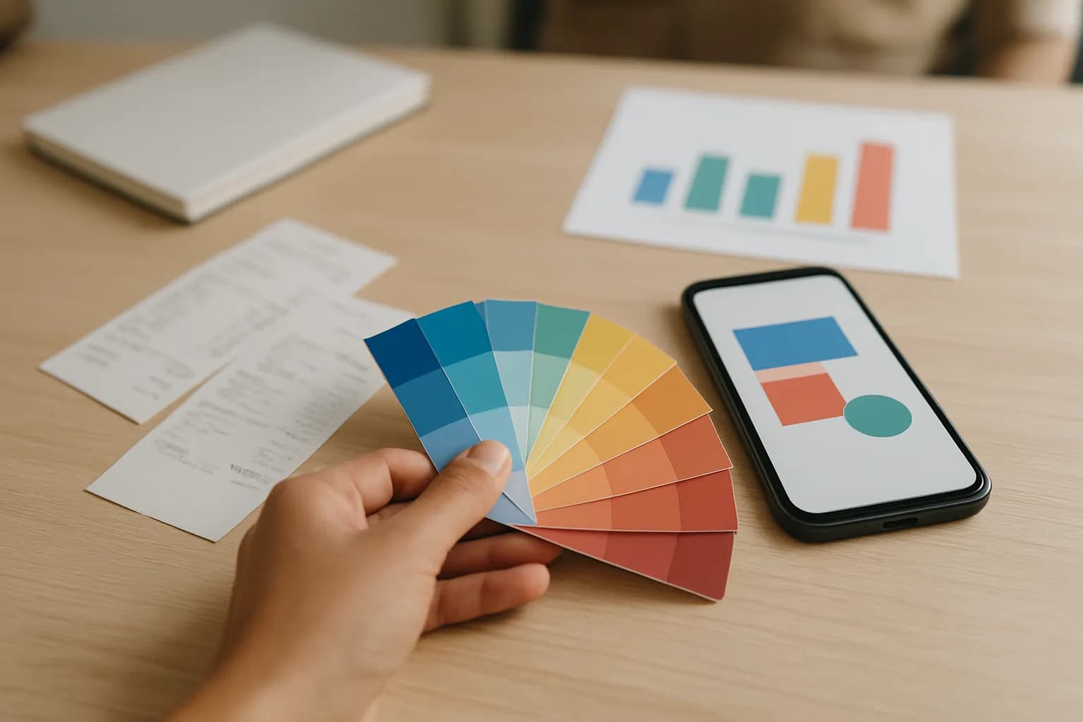 Hand arranging colour swatches and receipts beside a phone showing chart shapes