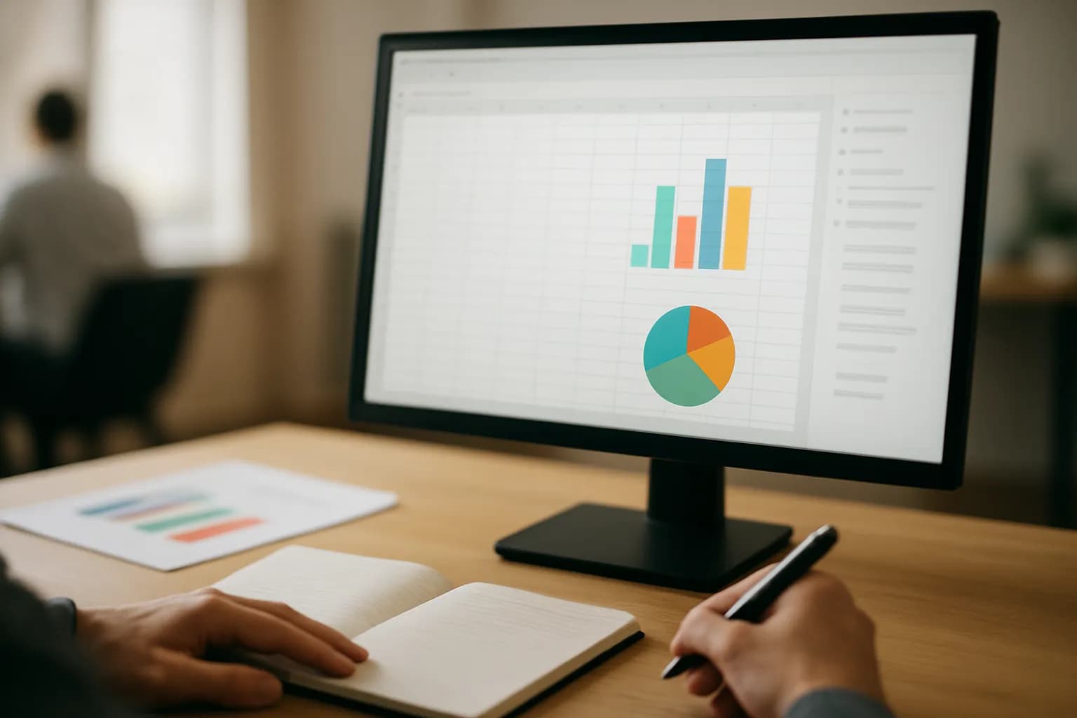 Office monitor showing a spreadsheet grid and colourful charts beside a notebook