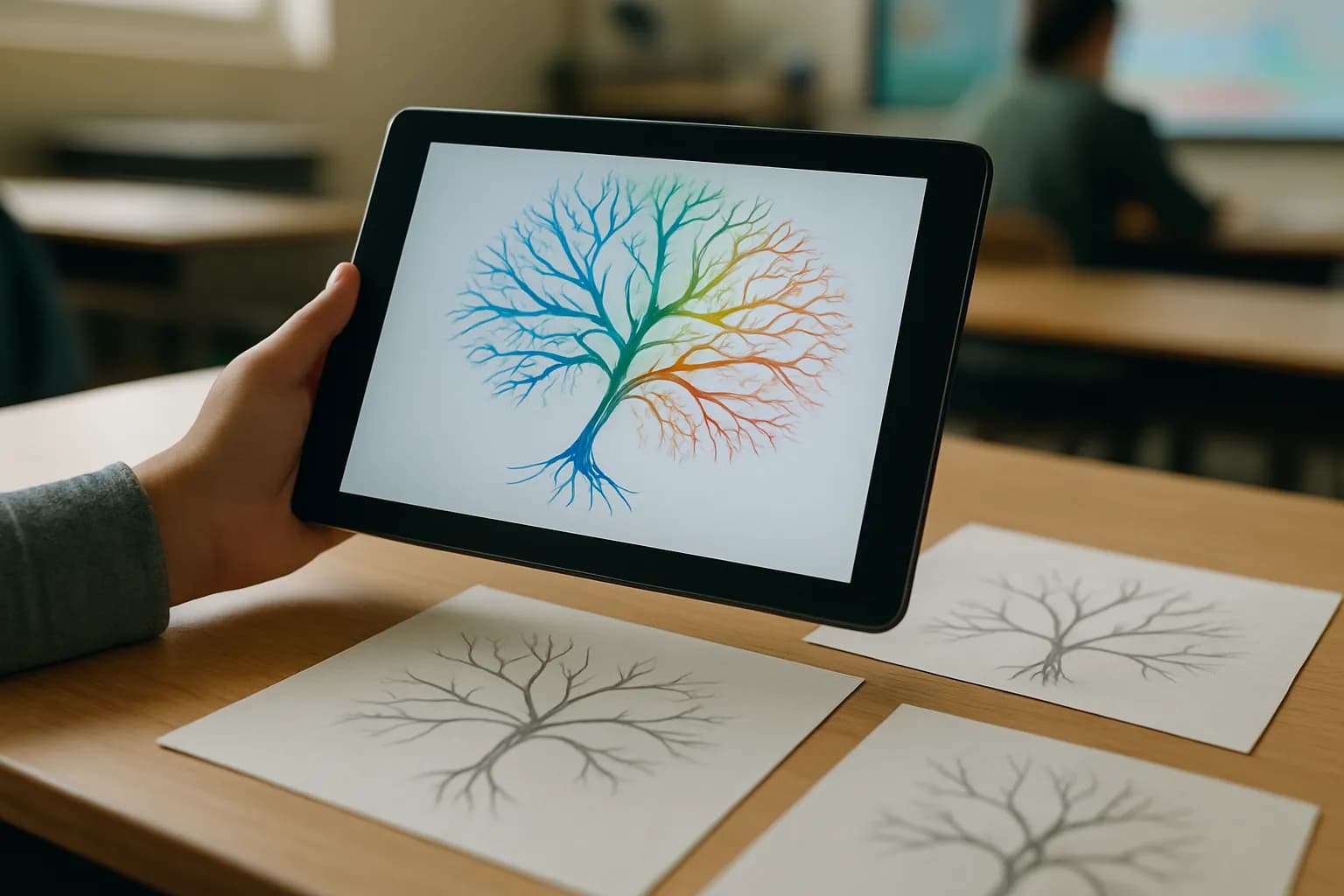 Hand holding a tablet with a branching neuron map in a classroom