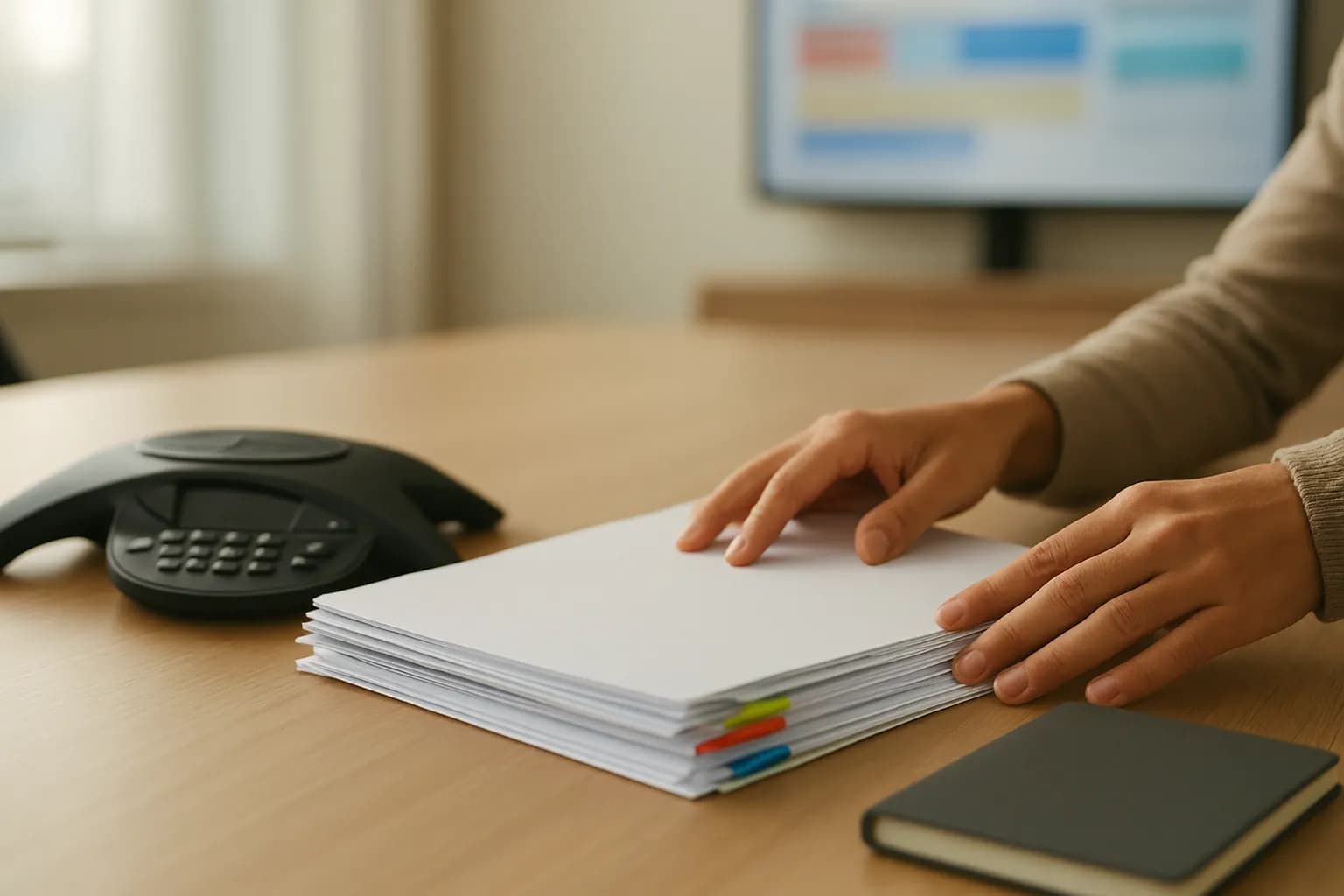 Hands sort tabbed documents beside a speakerphone on a meeting table