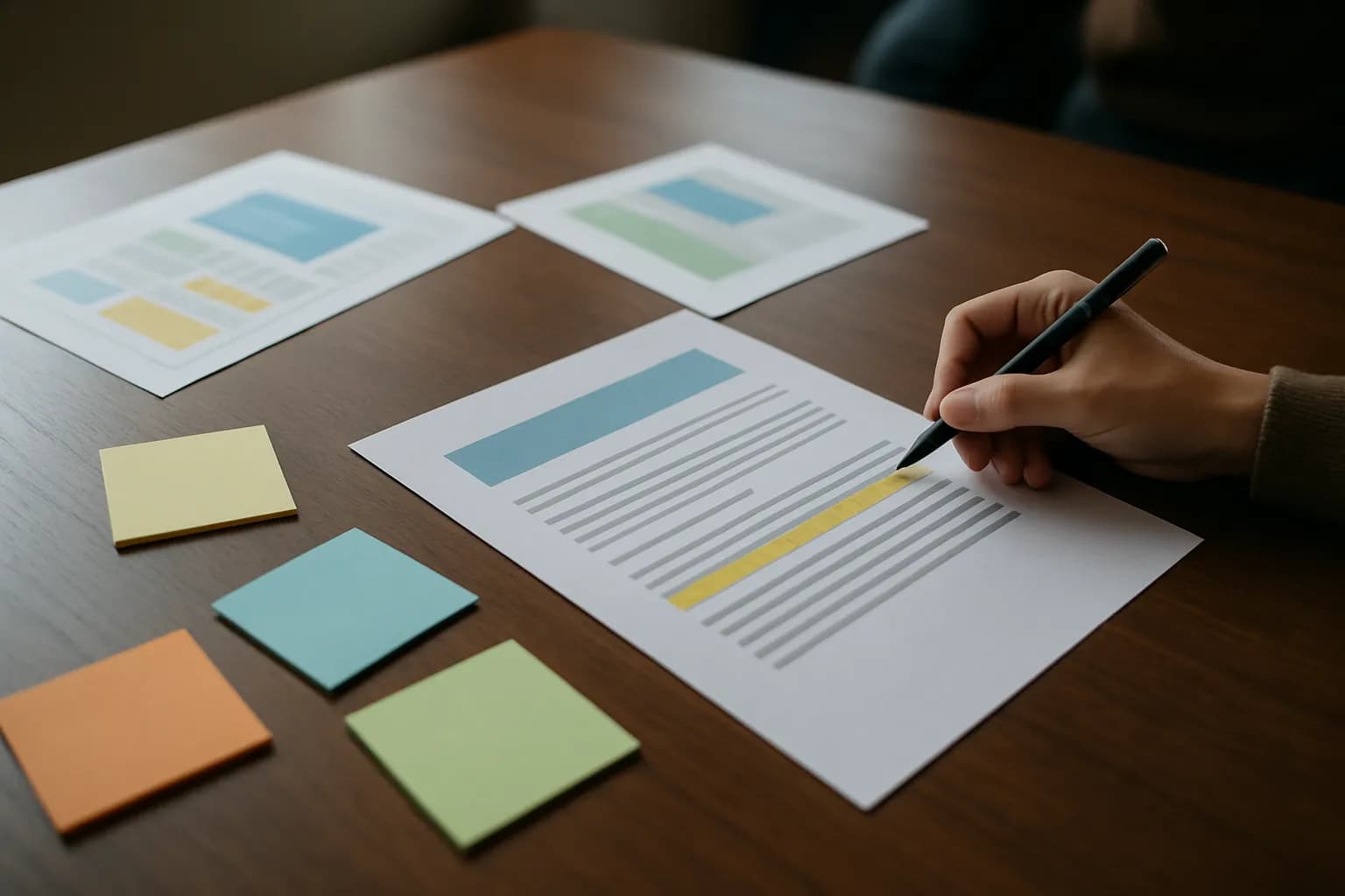 Printed work documents and coloured review notes spread across a meeting table