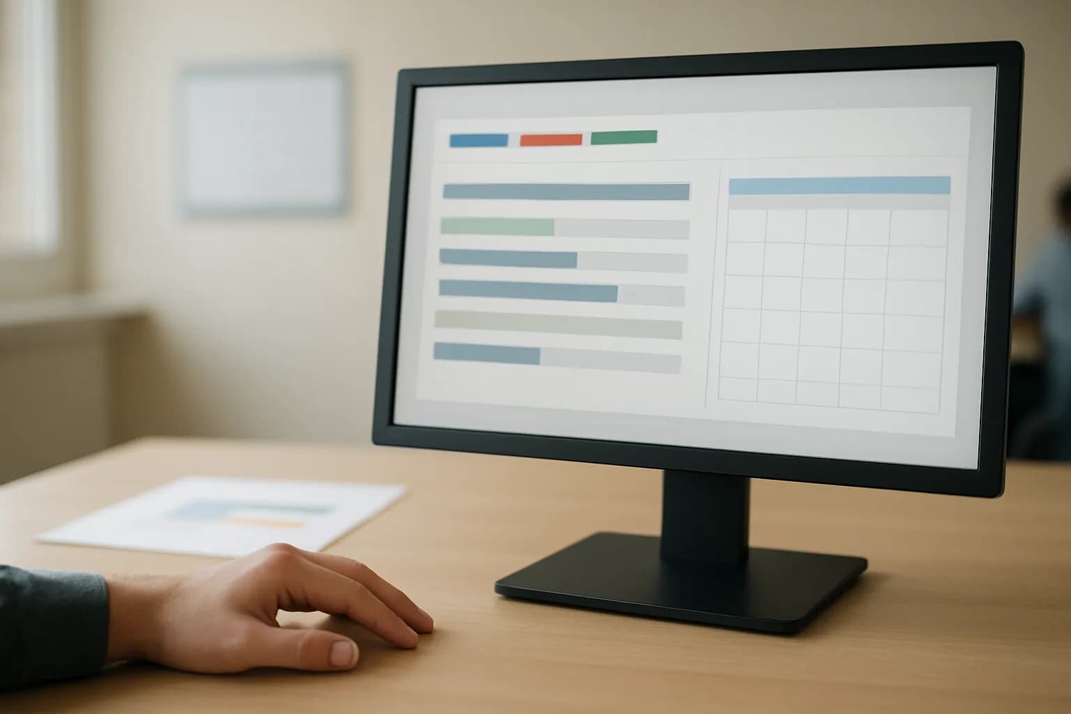 Hand beside a monitor showing admin rows and a calendar panel