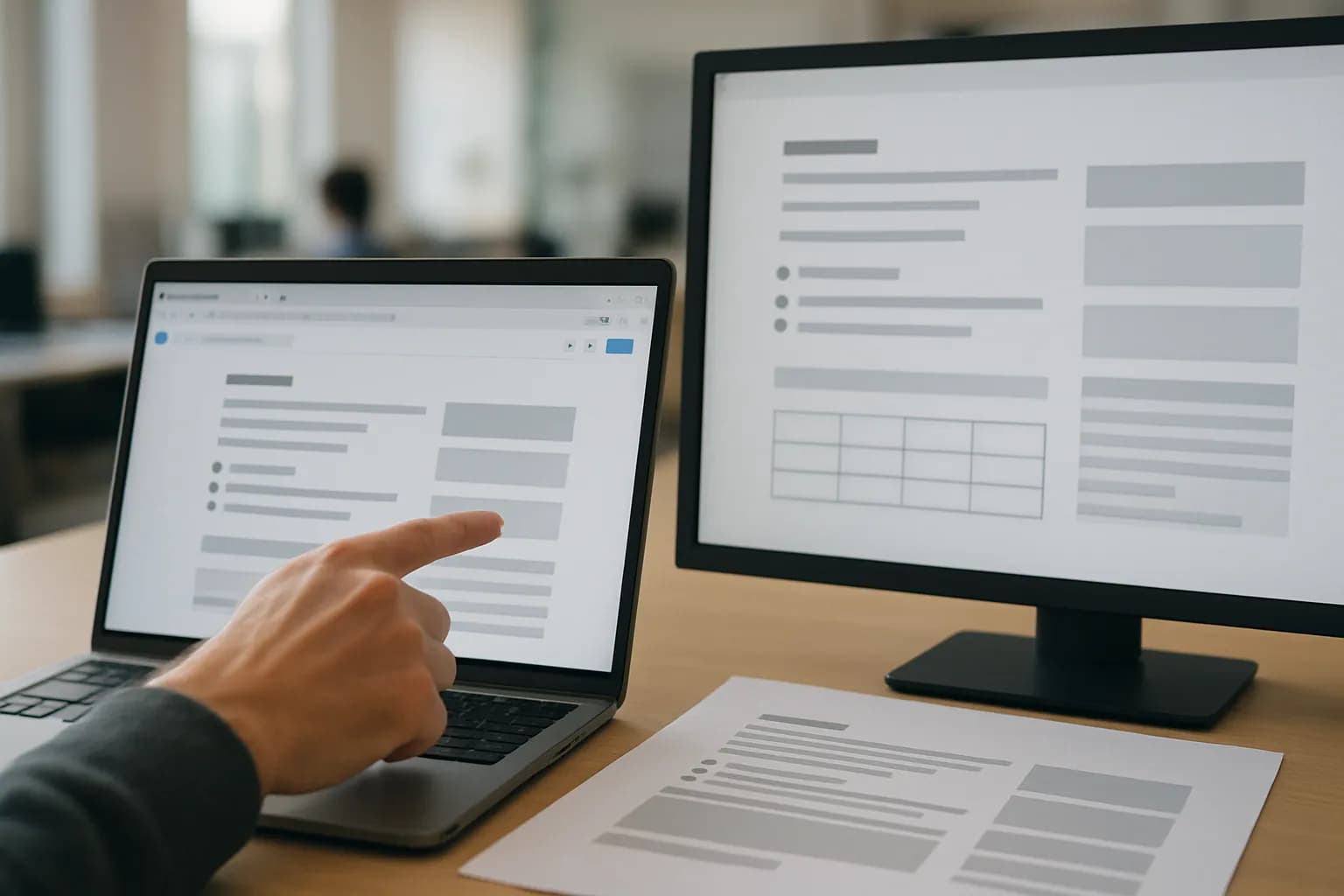 Hand pointing at a document and matching formatted preview in an office