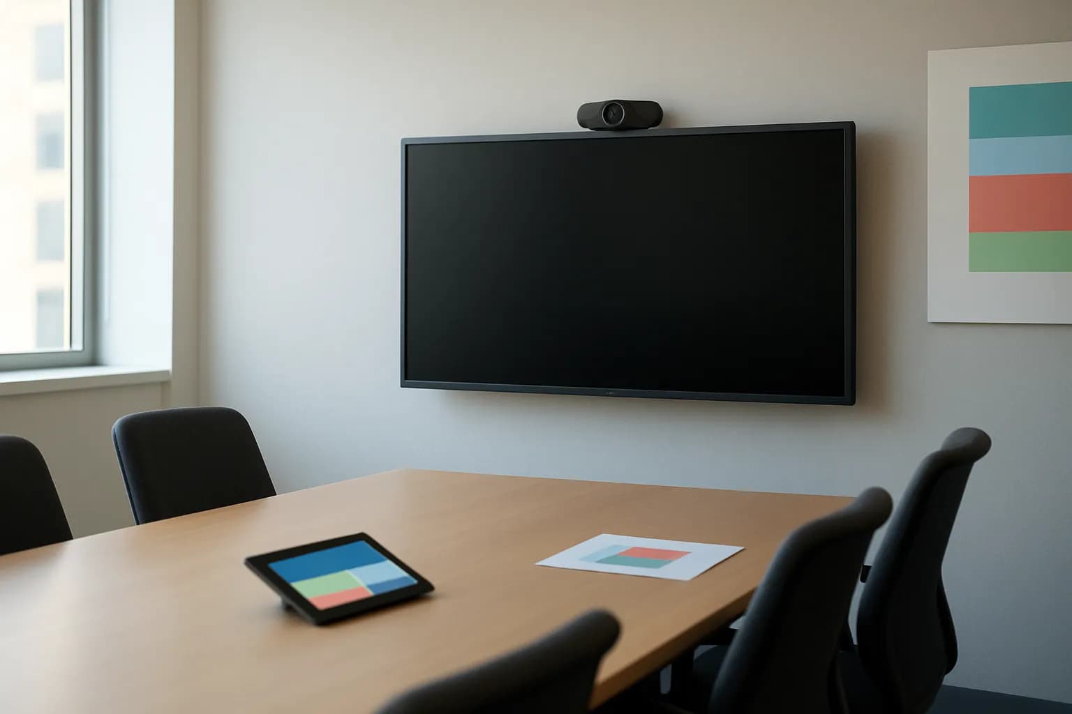 Empty meeting room with chairs, a wall-mounted board and camera housing